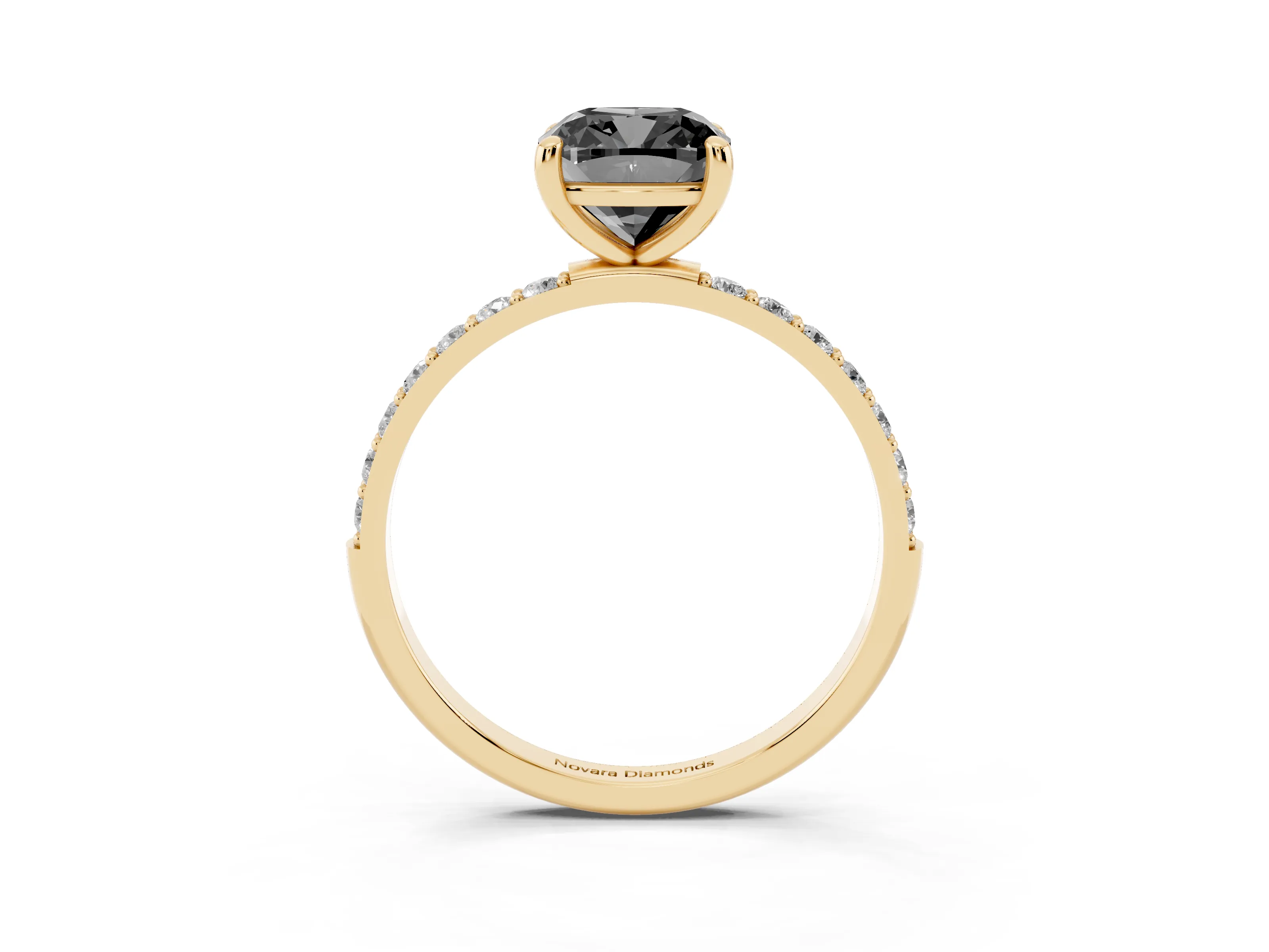 Fancy Black Cushion Cut Diamond Solitaire Ring Set in Yellow gold with Round Pavé Band and Prong Setting