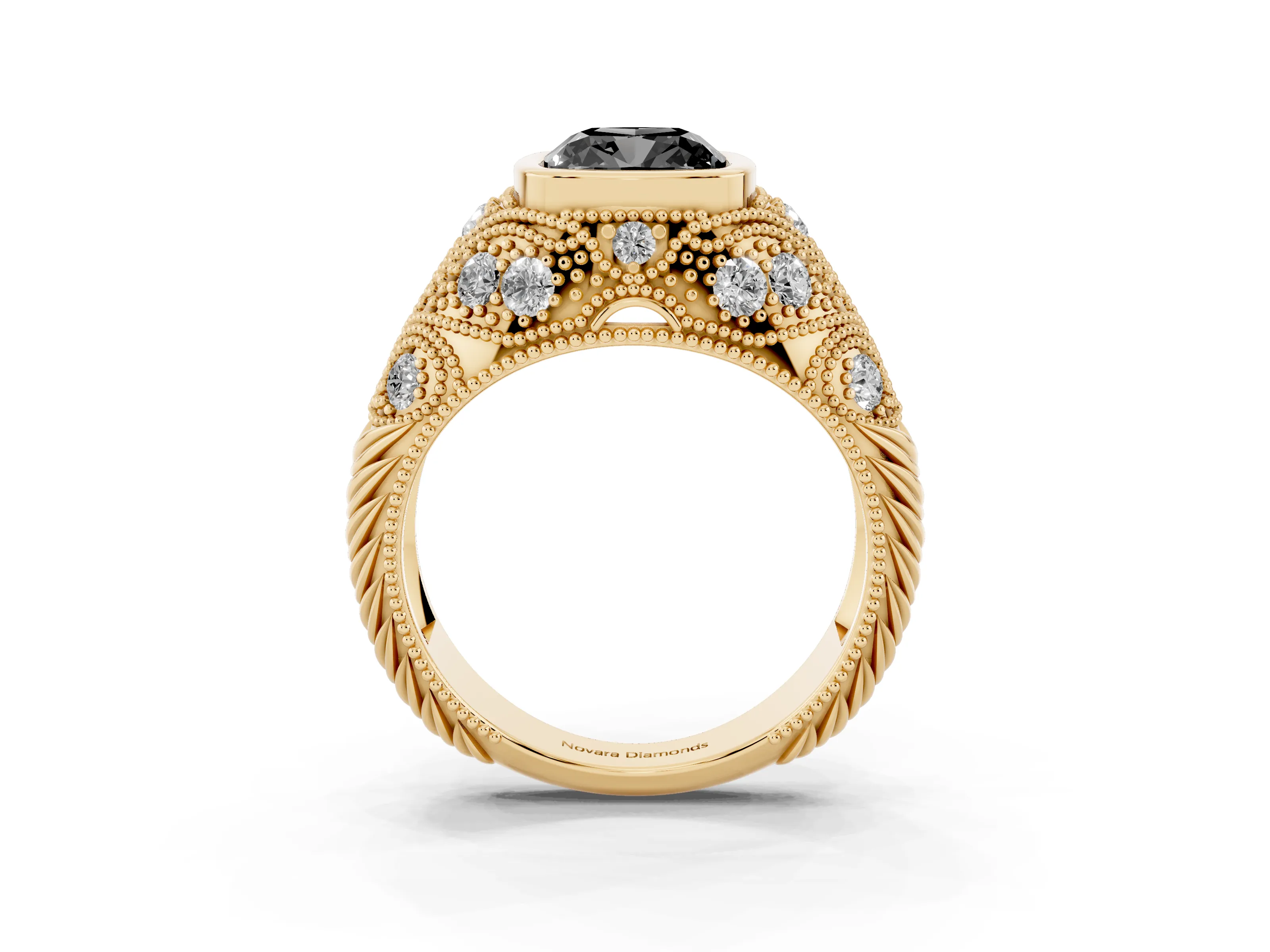 Fancy Black Cushion Cut Diamond Bezel Ring Set in Yellow gold with Milgrain Accent Band