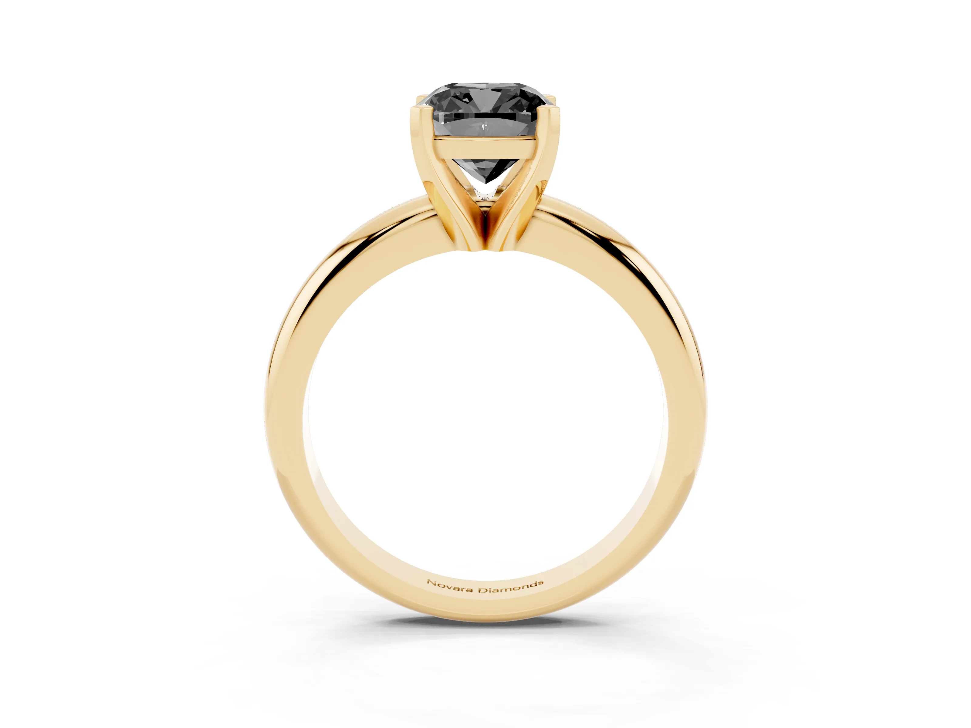 Fancy Black Cushion Cut Diamond Solitaire Engagement Ring Set in Yellow gold with Round Band and Prong Setting
