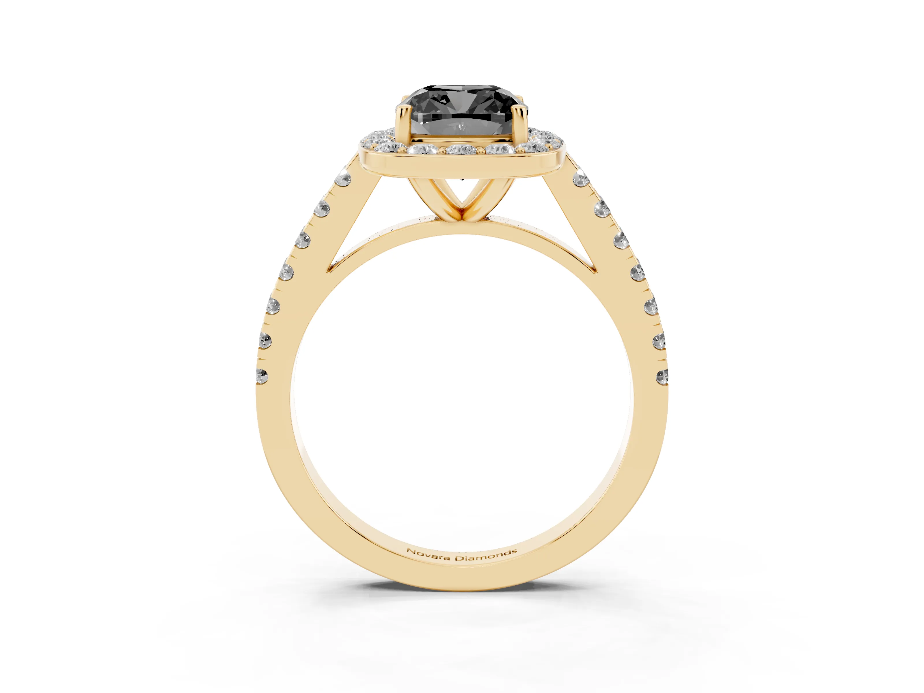 Fancy Black Cushion Cut Diamond Halo Ring Set in Yellow gold with Round Pavé Split Shank and Prong Setting