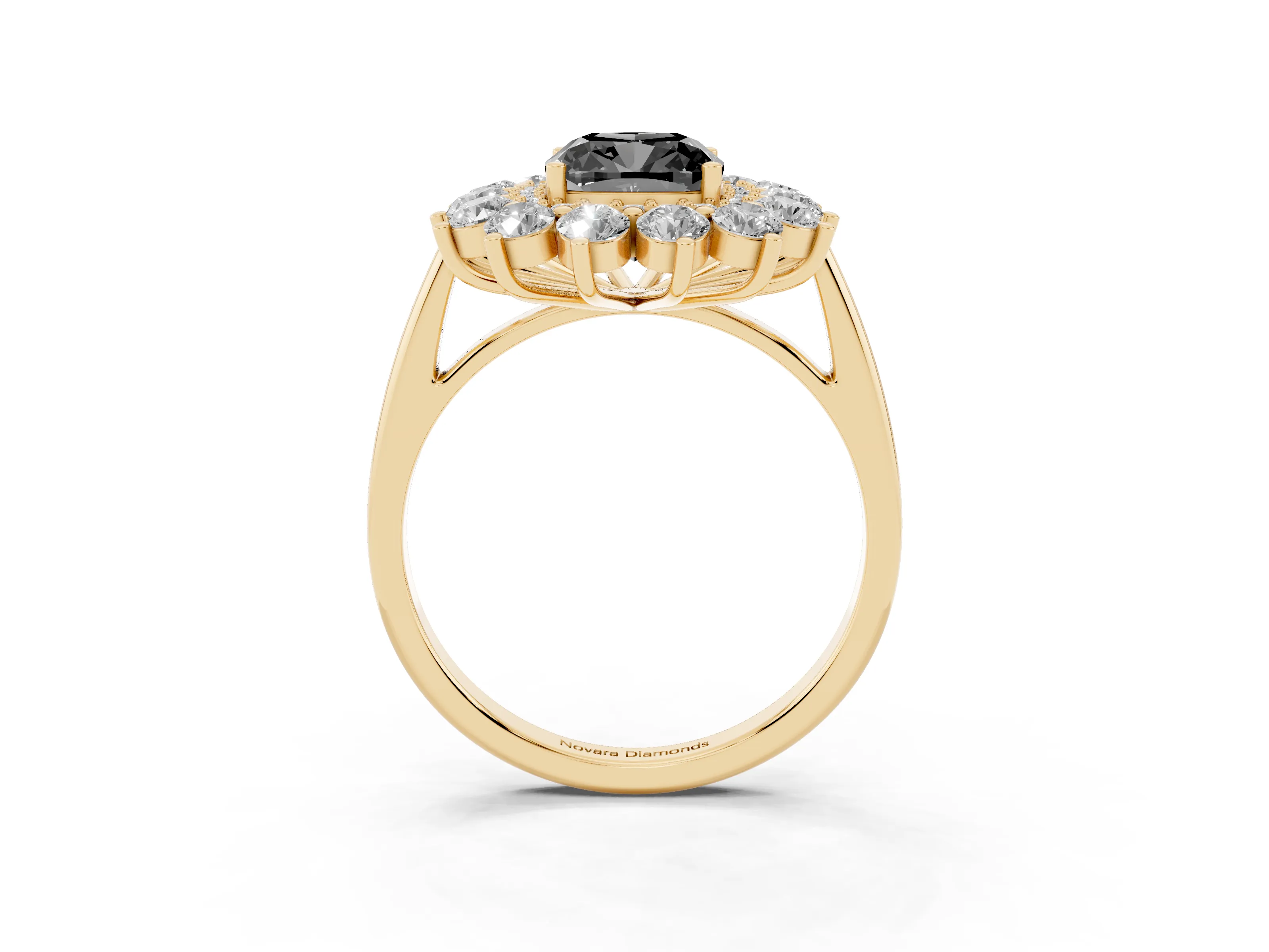 Fancy Black Cushion Cut Diamond Floral Double Halo Ring Set in Yellow gold with Round Petals