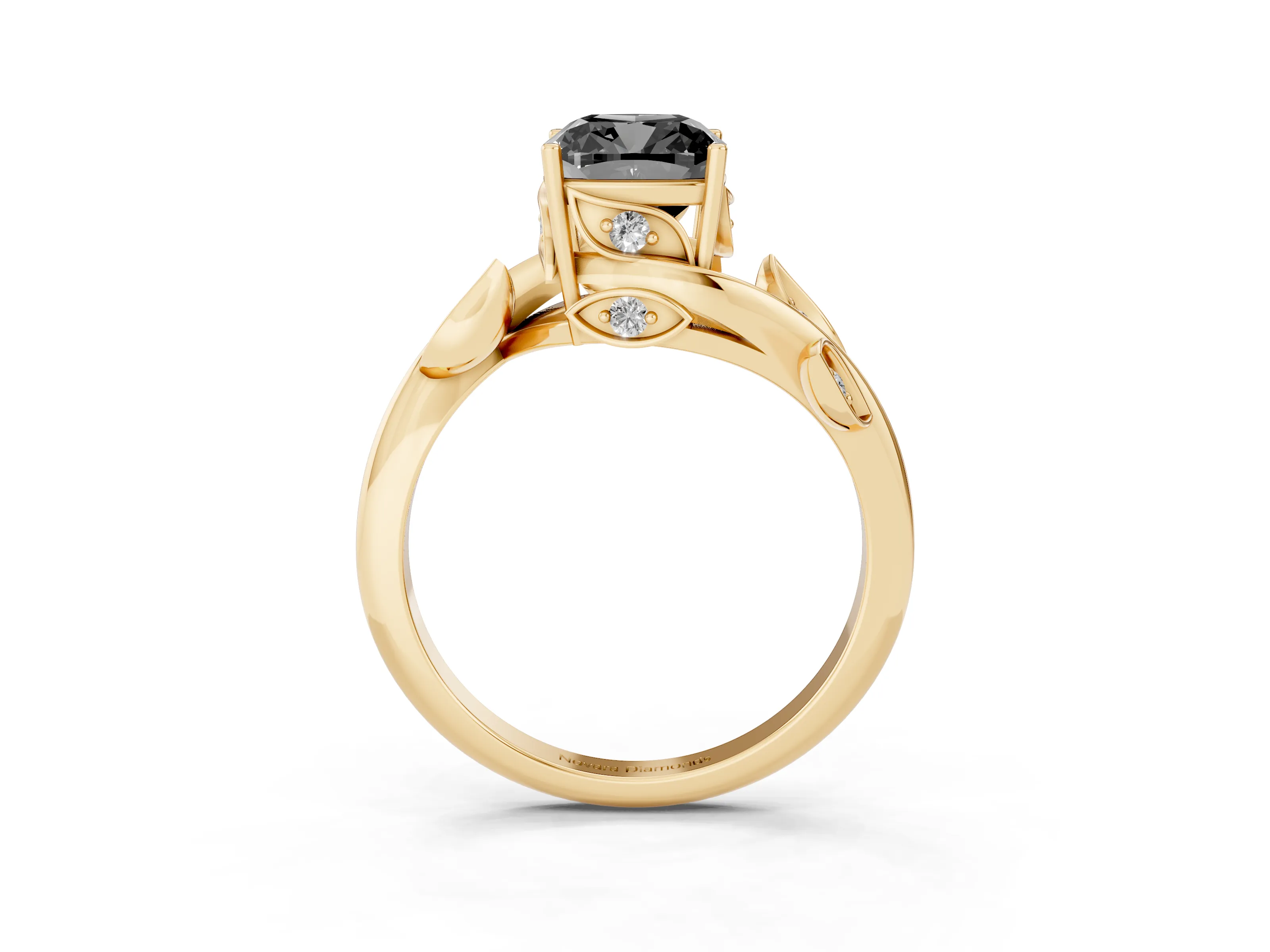 Fancy Black Cushion Cut Diamond Solitaire Twist Engagement Ring Set in Yellow gold with Pavé Leaf Accents