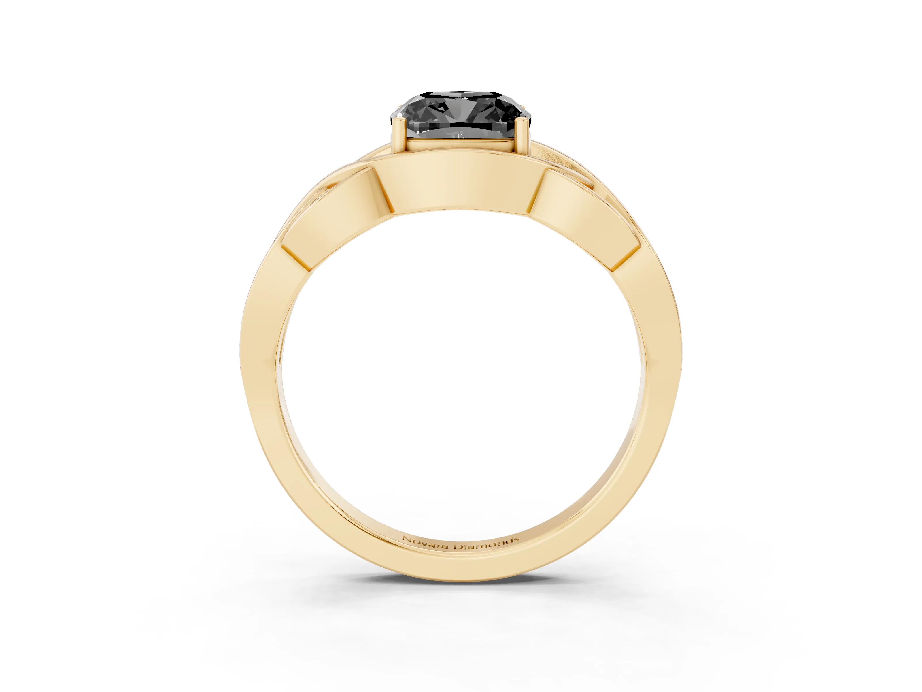 Fancy Black Cushion Cut Diamond Solitaire Ring Set in Yellow gold with Intertwined Band