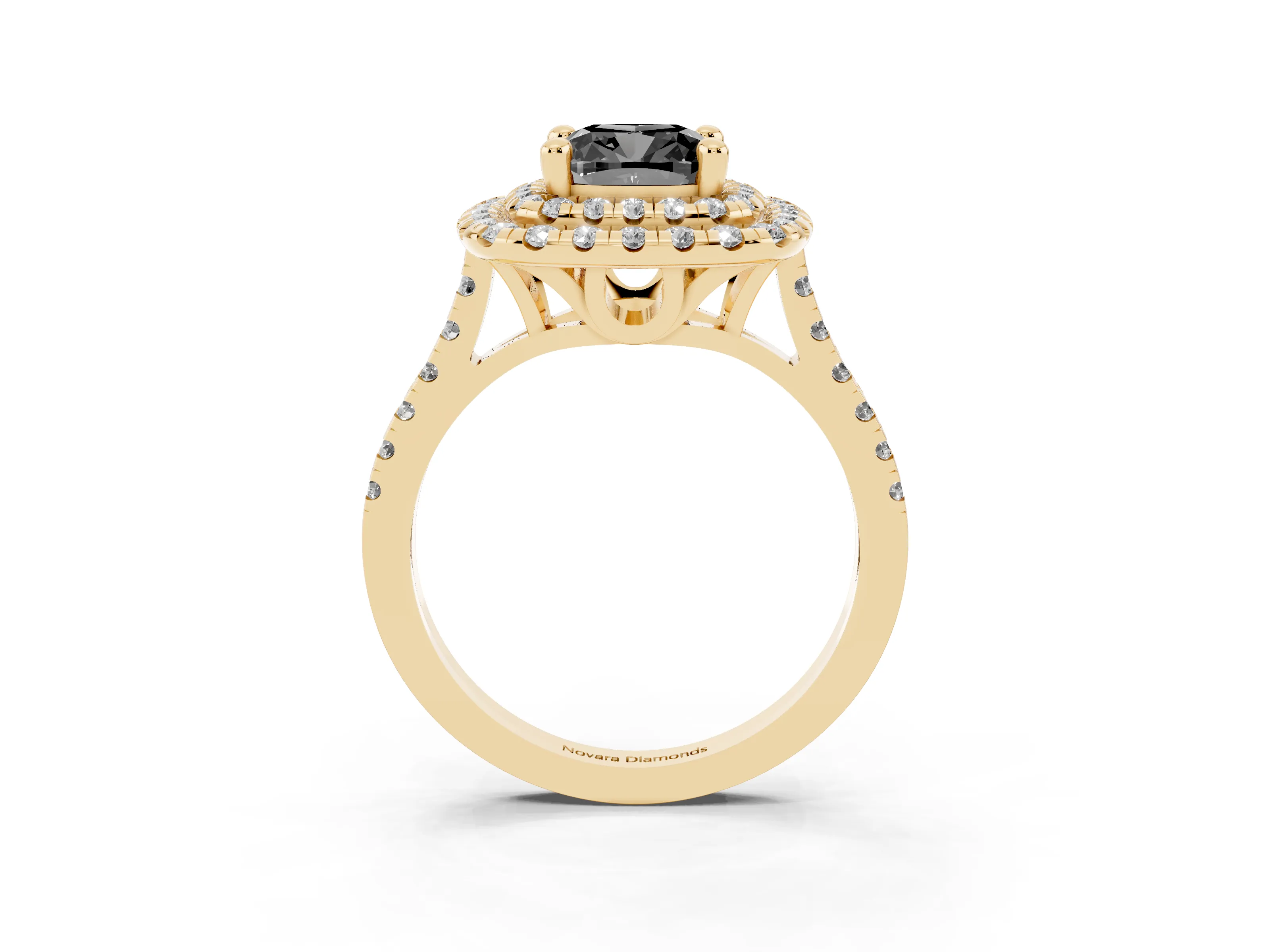 Fancy Black Cushion Cut Diamond Double Halo Statement Ring Set in Yellow gold with Pavé Band