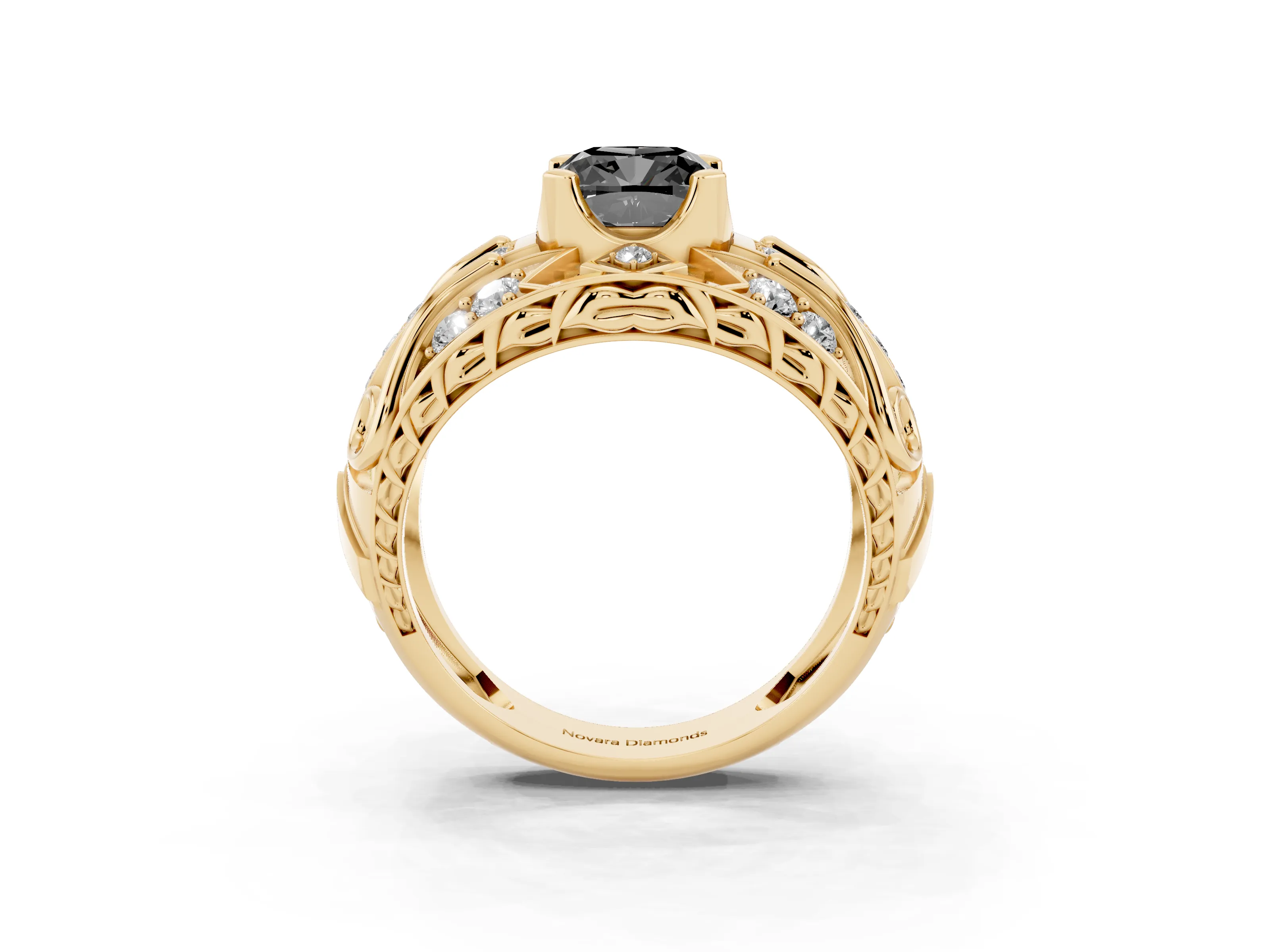 Fancy Black Cushion Cut Diamond Art Deco Ring Set in Yellow gold with Pavé Split Shank