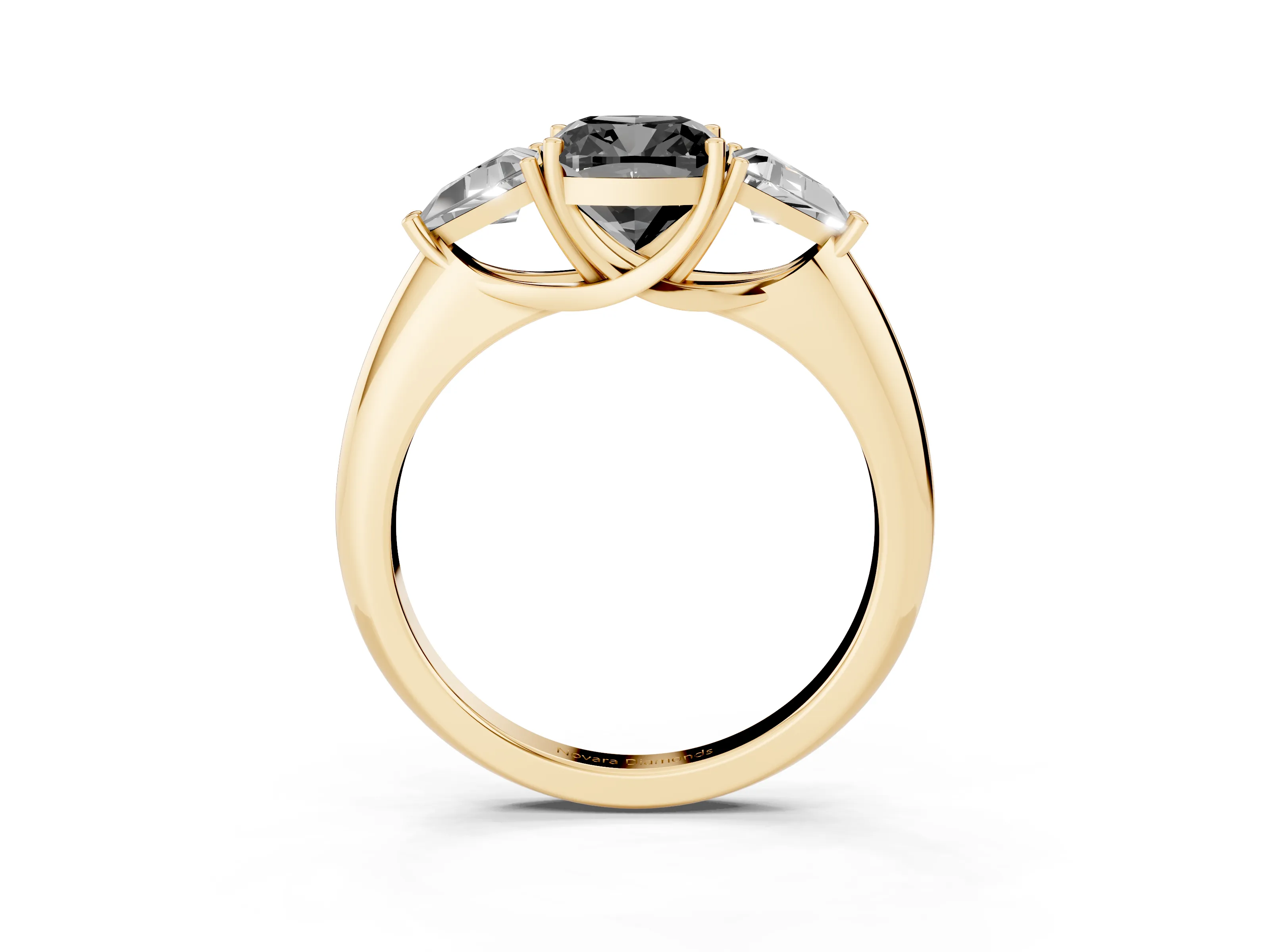 Fancy Black Cushion Cut Diamond Three-Stone Engagement Ring Set in Yellow gold with Trillion Side Stones