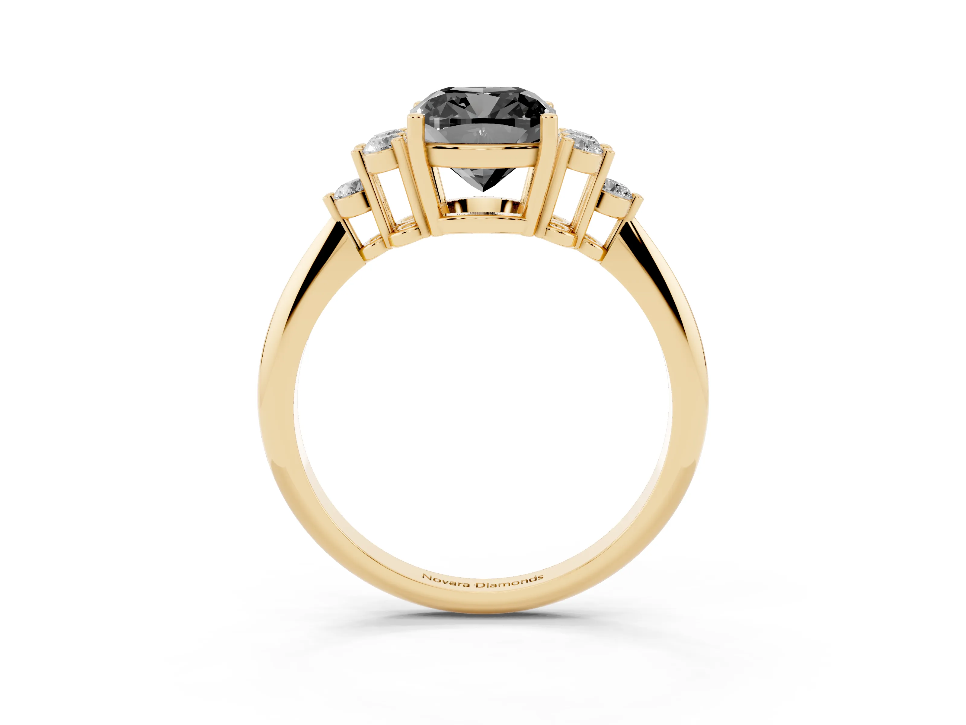 Fancy Black Cushion Cut Diamond Cluster Ring Set in Yellow gold with Plain Band and Prong Setting