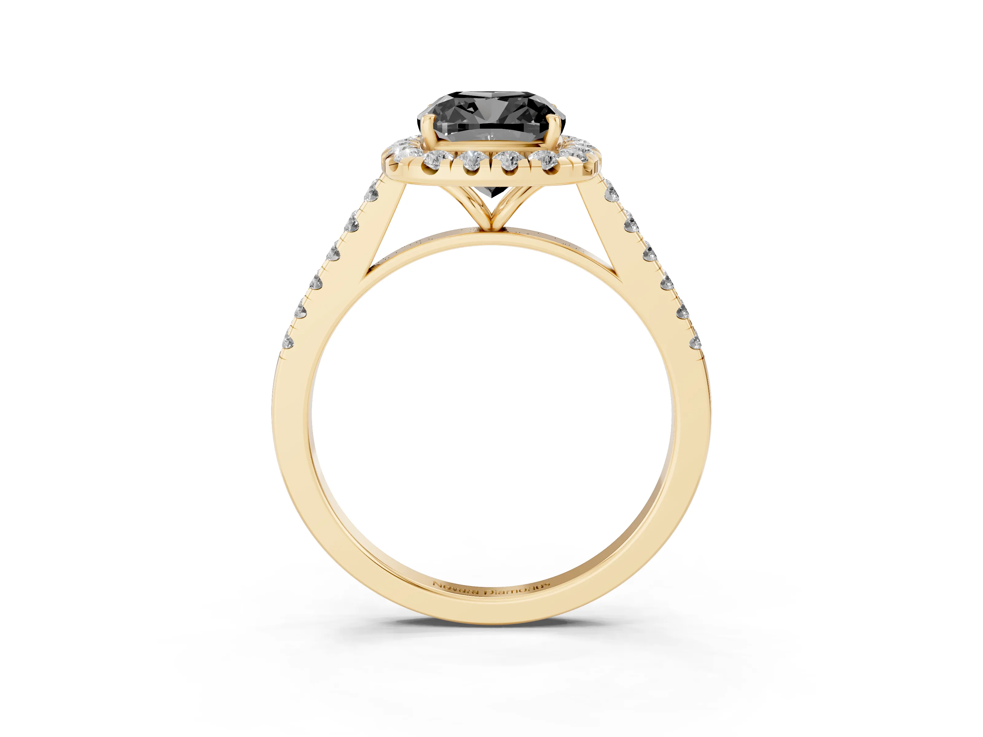 Fancy Black Cushion Cut Diamond Halo Pavé Engagement Ring Set in Yellow gold with Prong Setting
