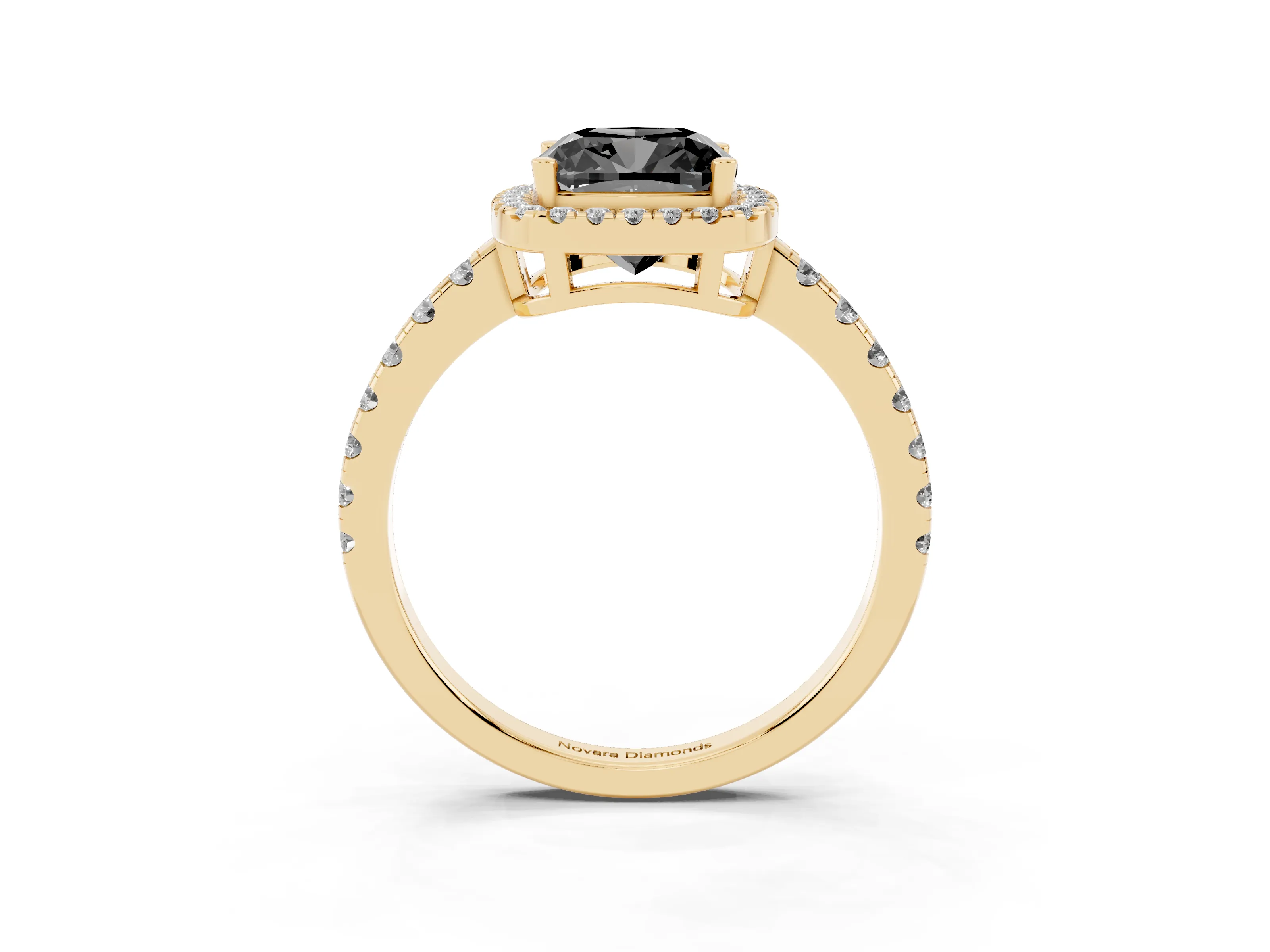 Fancy Black Cushion Cut Diamond Halo Ring Set in Yellow gold with Delicate Pavé Band and Prong Setting