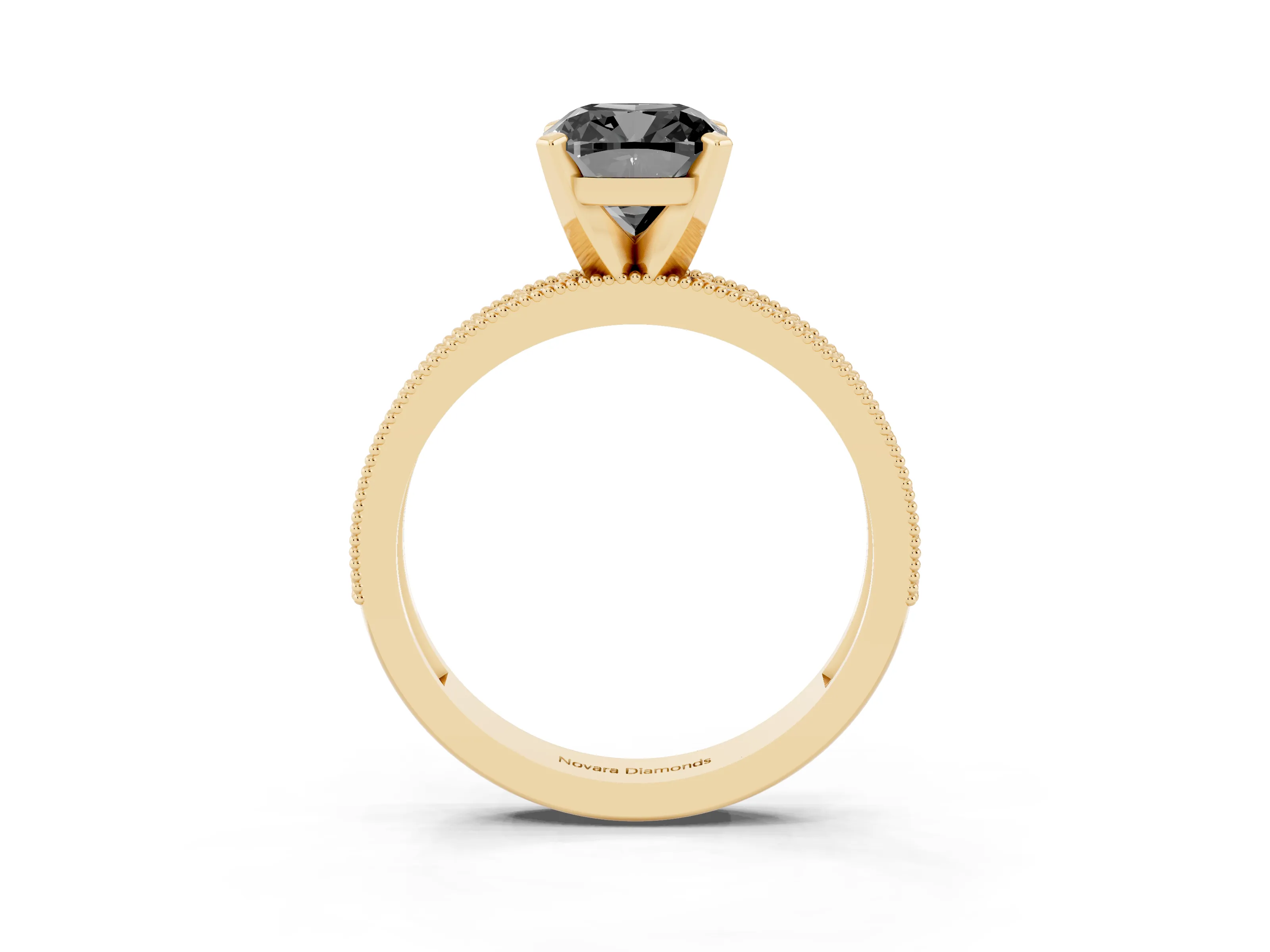 Fancy Black Cushion Cut Diamond Milgrain Pavé Engagement Ring Set in Yellow gold with Prong Setting