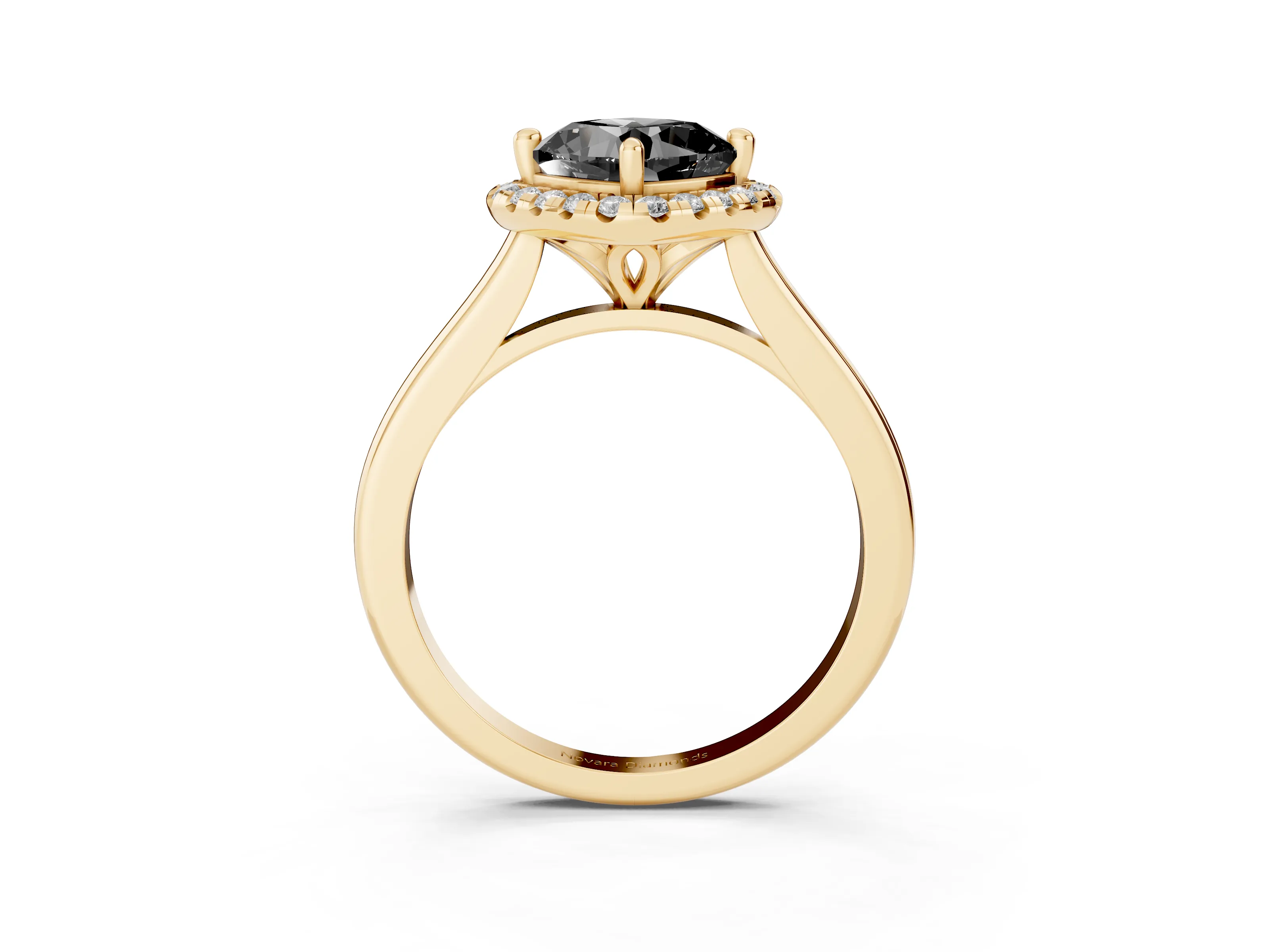 Fancy Black Cushion Cut Diamond Halo Engagement Ring Set in Yellow gold with Pavé Band and Rising Shoulders