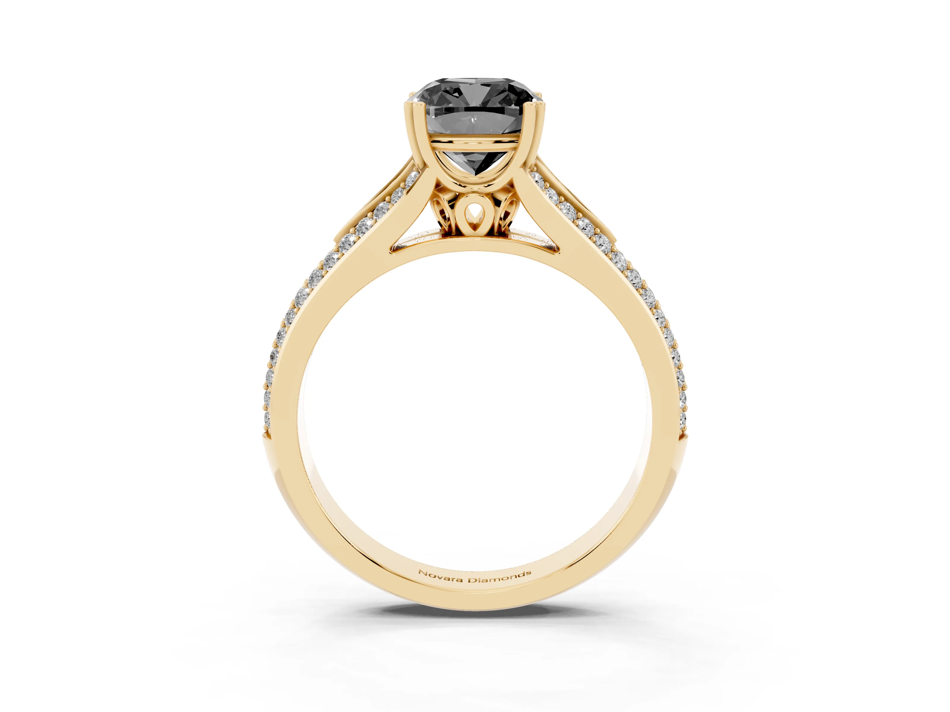Fancy Black Cushion Cut Diamond Split Shank Pavé Engagement Ring Set in Yellow gold with Prong-Set Center Stone
