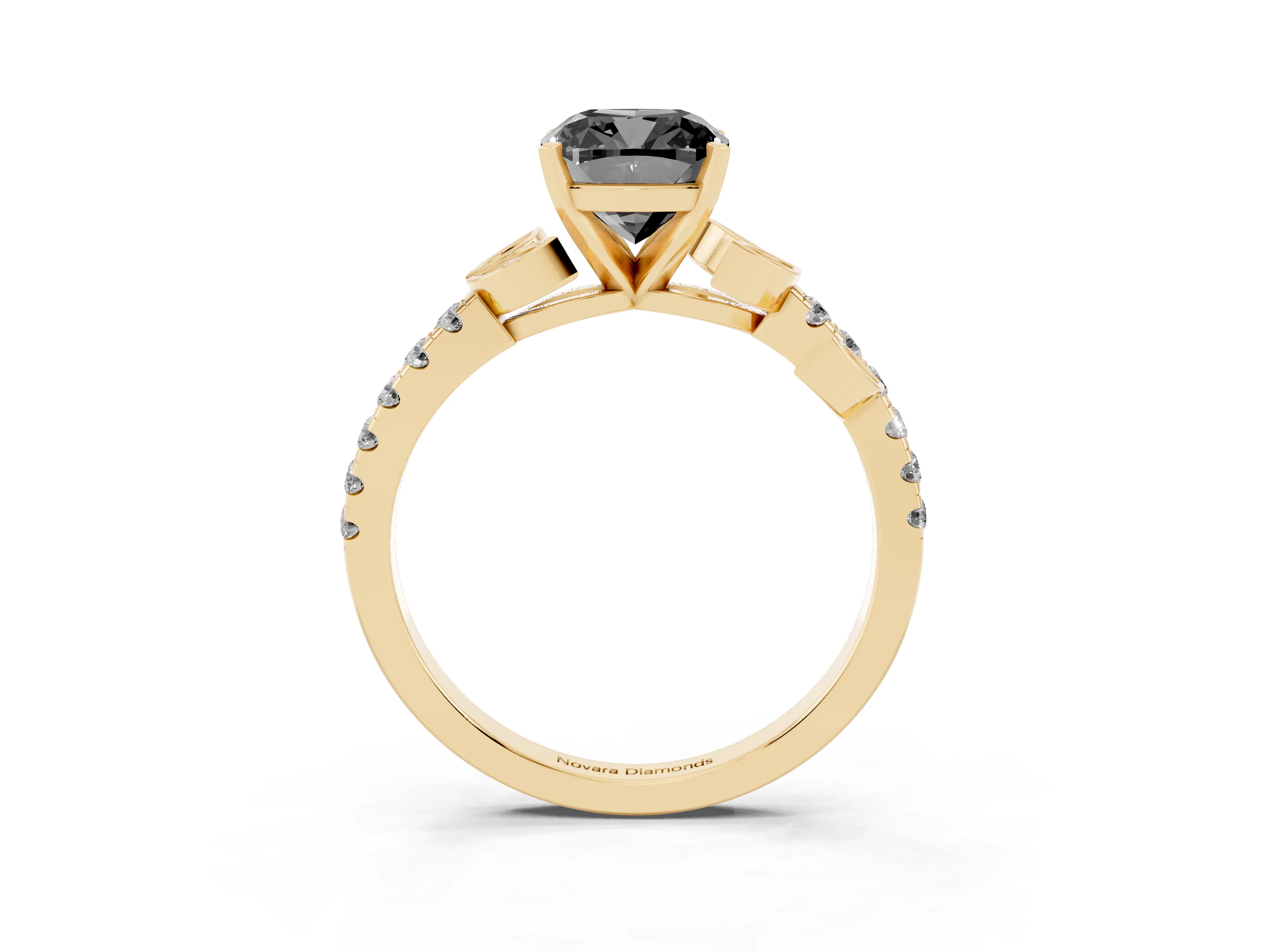 Fancy Black Cushion Cut Diamond Solitaire Leaf-Inspired Ring Set in Yellow gold with Pavé Band and Prong Setting
