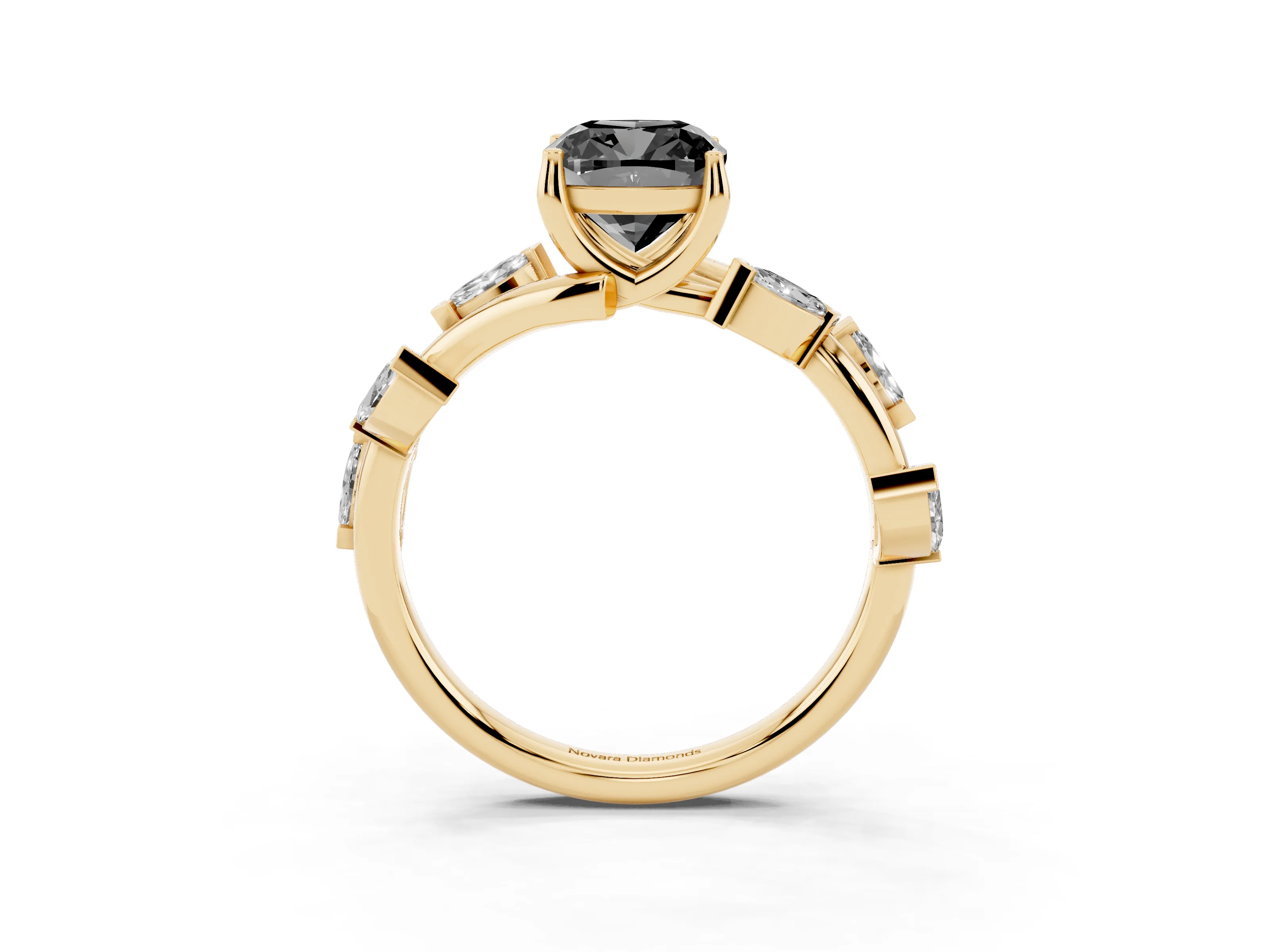 Fancy Black Cushion Cut Diamond Solitaire Ring Set in Yellow gold with Twisted Marquise Accent Band