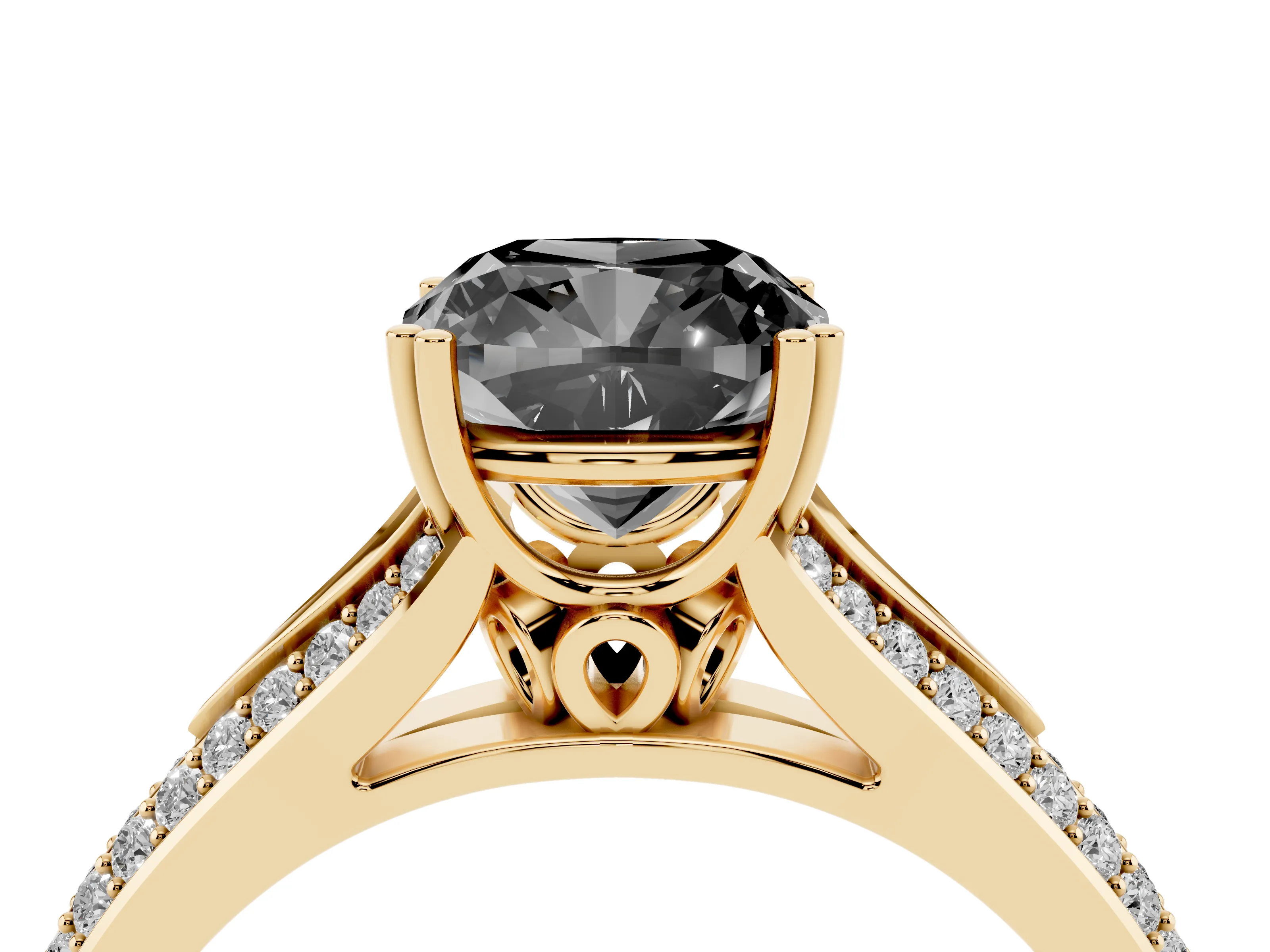 Fancy Black Cushion Cut Diamond Split Shank Pavé Engagement Ring Set in Yellow gold with Prong-Set Center Stone
