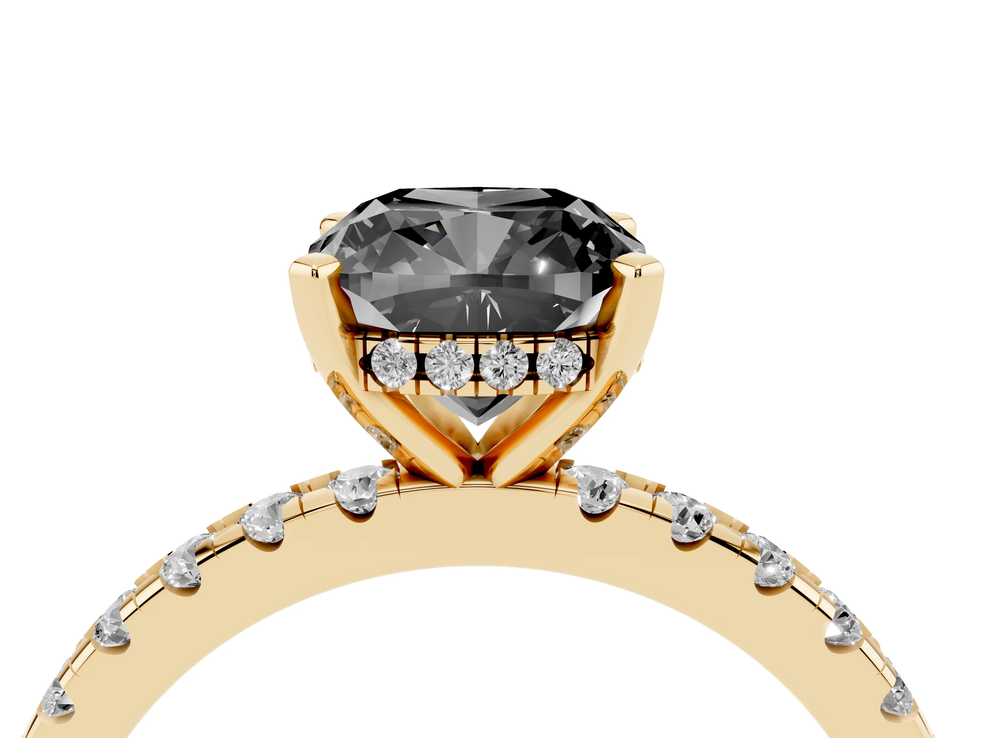 Fancy Black Cushion Cut Diamond Pavé Solitaire Ring Set in Yellow gold with Round Band Accents and Prong Setting