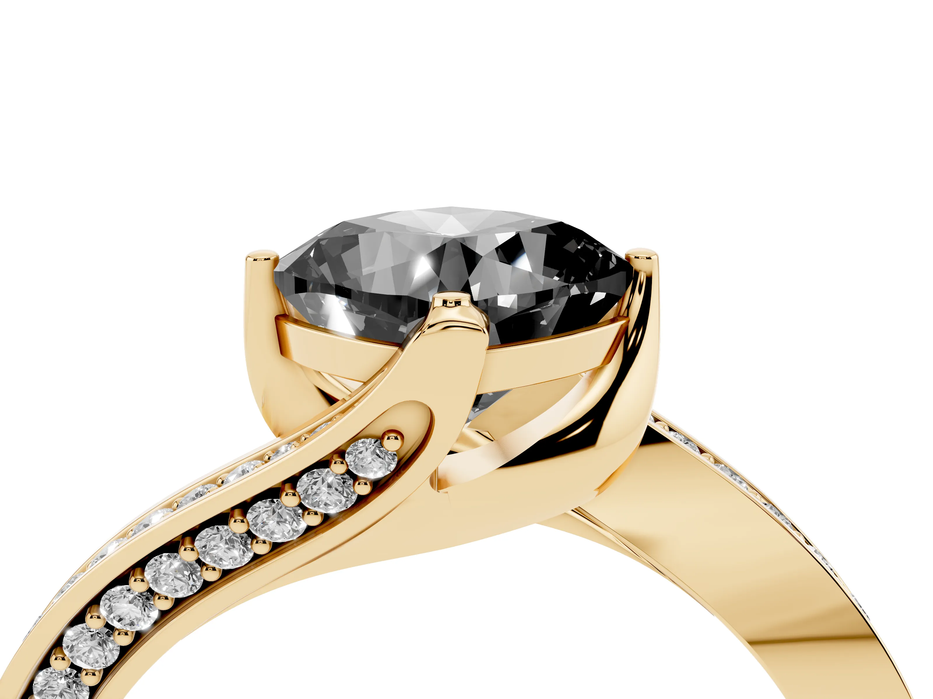 Fancy Black Cushion Cut Diamond Solitaire Ring Set in Yellow gold with Intertwined Pavé Twist Band