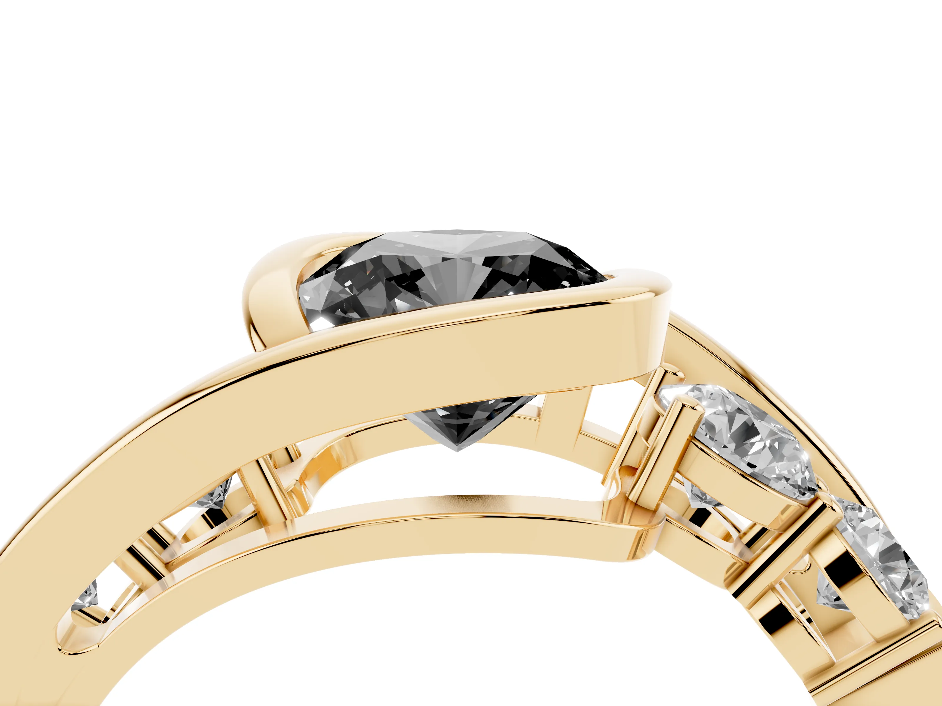 Fancy Black Cushion Cut Diamond Bezel Bypass Ring Set in Yellow gold with Round Accents