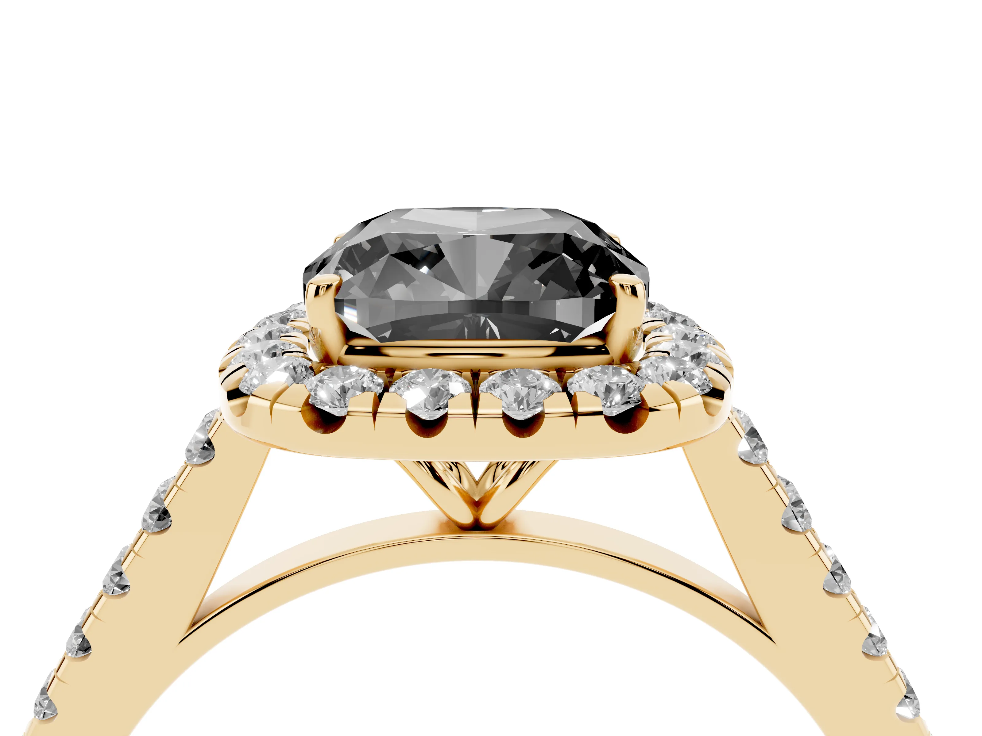 Fancy Black Cushion Cut Diamond Halo Pavé Engagement Ring Set in Yellow gold with Prong Setting