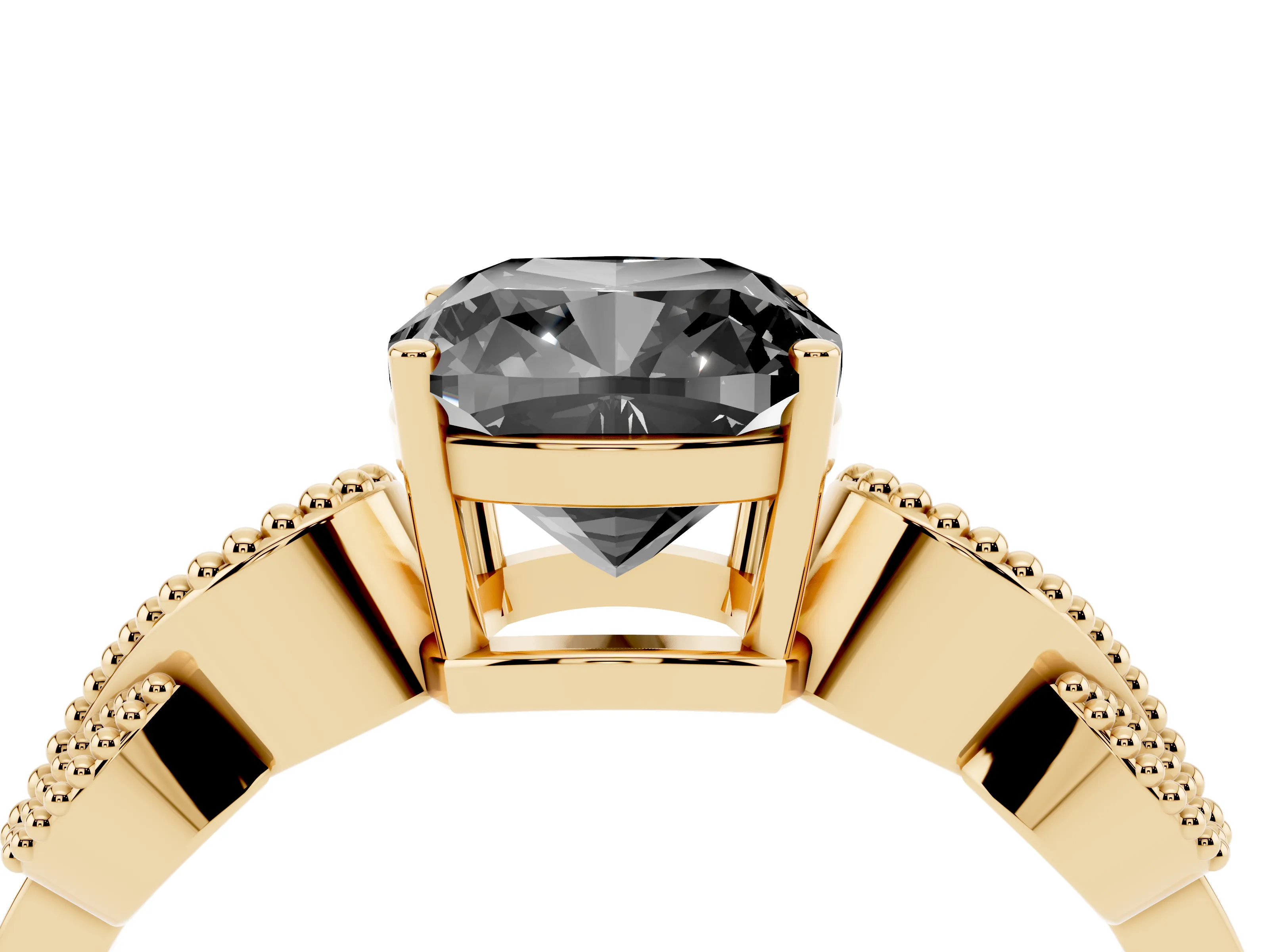 Fancy Black Cushion Cut Diamond Milgrain Leaf Band Solitaire Ring Set in Yellow gold with Accent Stones and Prong Setting