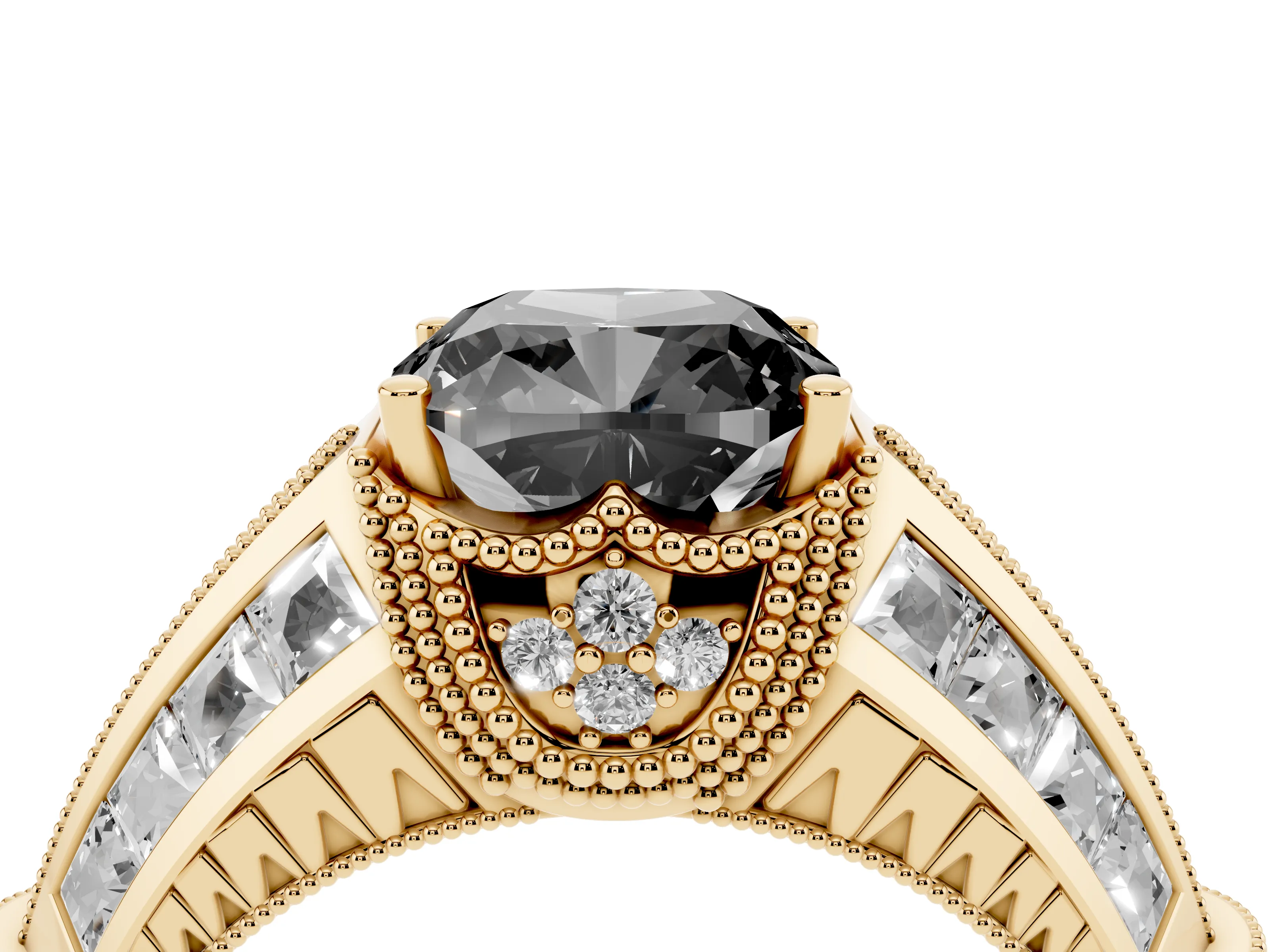 Fancy Black Cushion Cut Diamond Vintage-Inspired Milgrain Ring Set in Yellow gold with Accent Split Shank