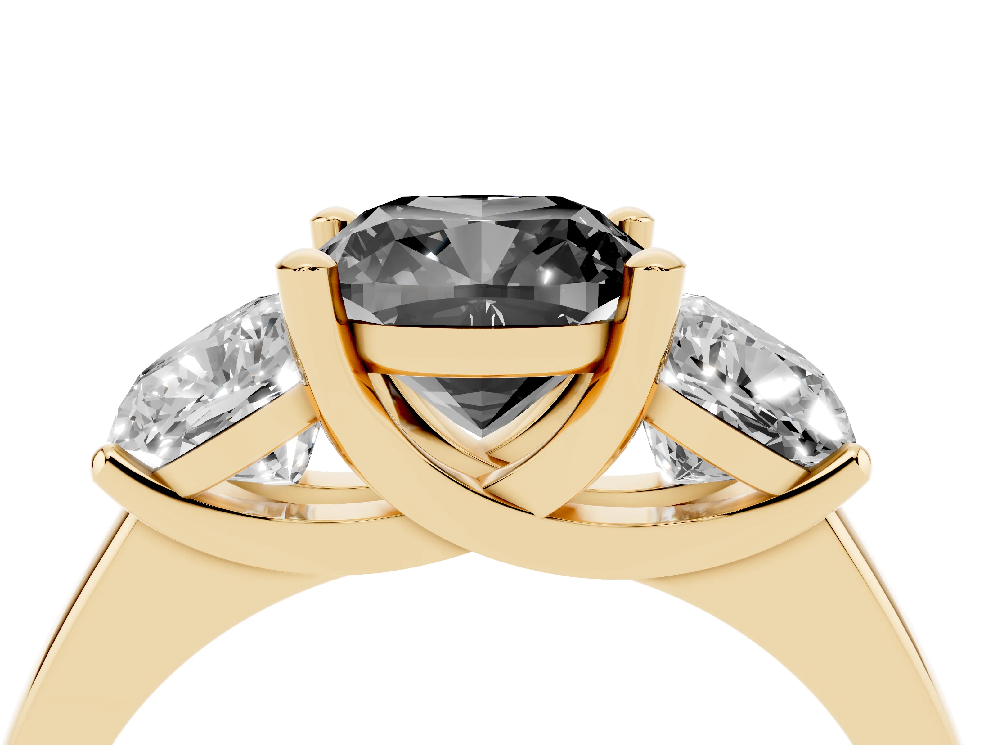 Fancy Black Cushion Cut Diamond Three-Stone Ring Set in Yellow gold with Classic Prong Setting and Plain Band
