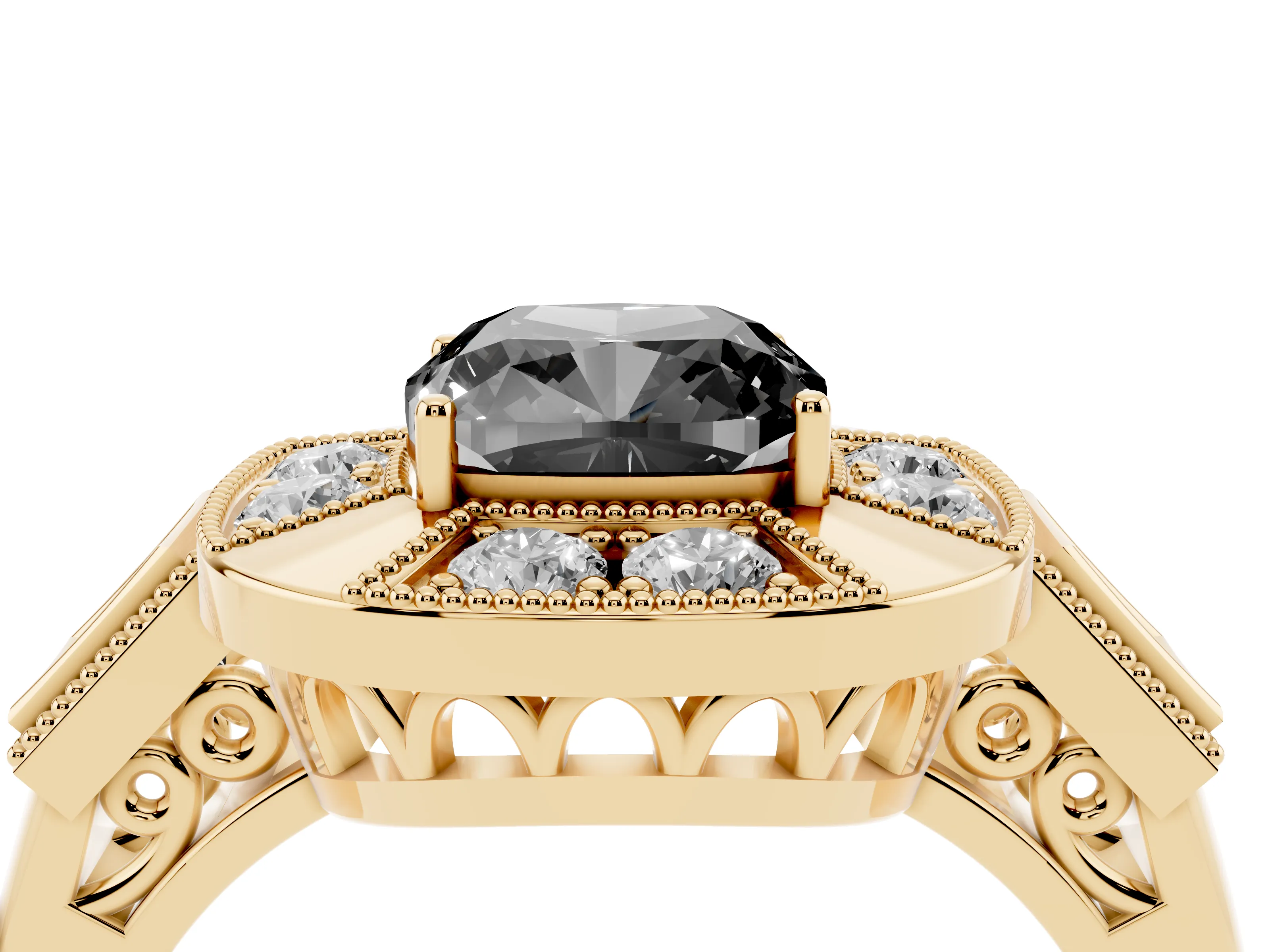 Fancy Black Cushion Cut Diamond Milgrain Halo Ring Set in Yellow gold with Split Shank