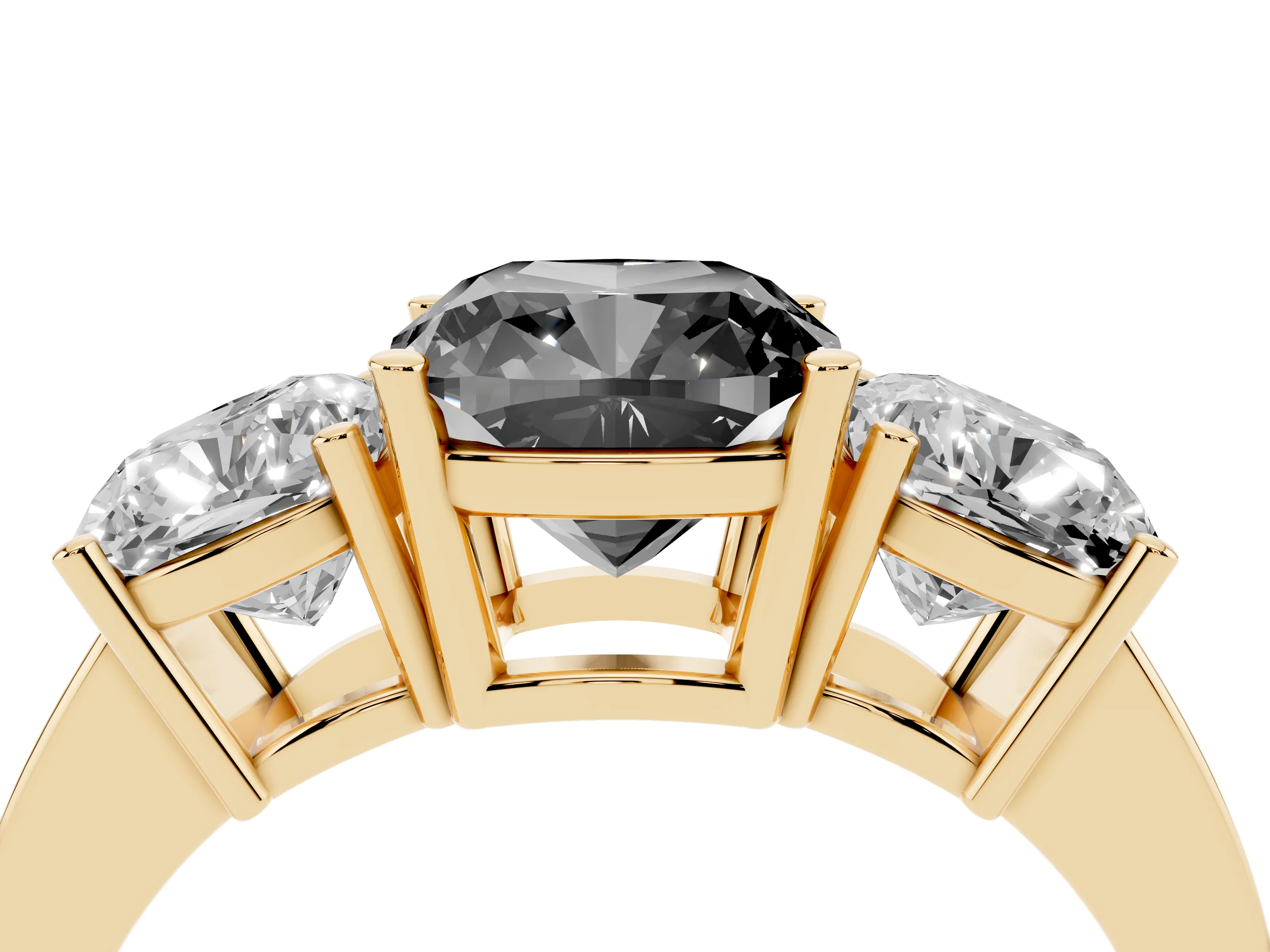 Fancy Black Cushion Cut Diamond Three-Stone Engagement Ring Set in Yellow gold with Flat Band
