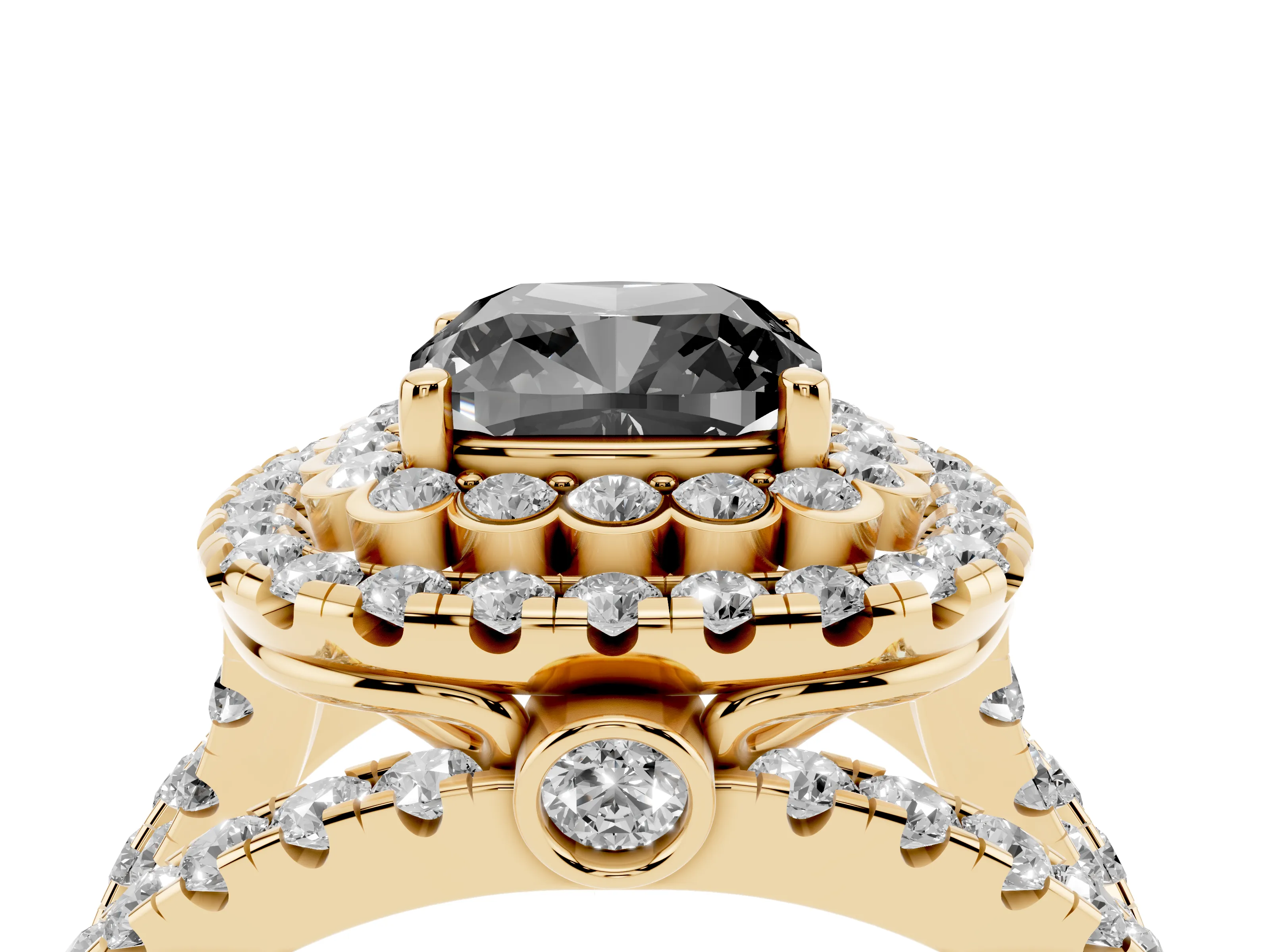 Fancy Black Cushion Cut Diamond Double Halo Ring Set in Yellow gold with Round Pavé Split Shank