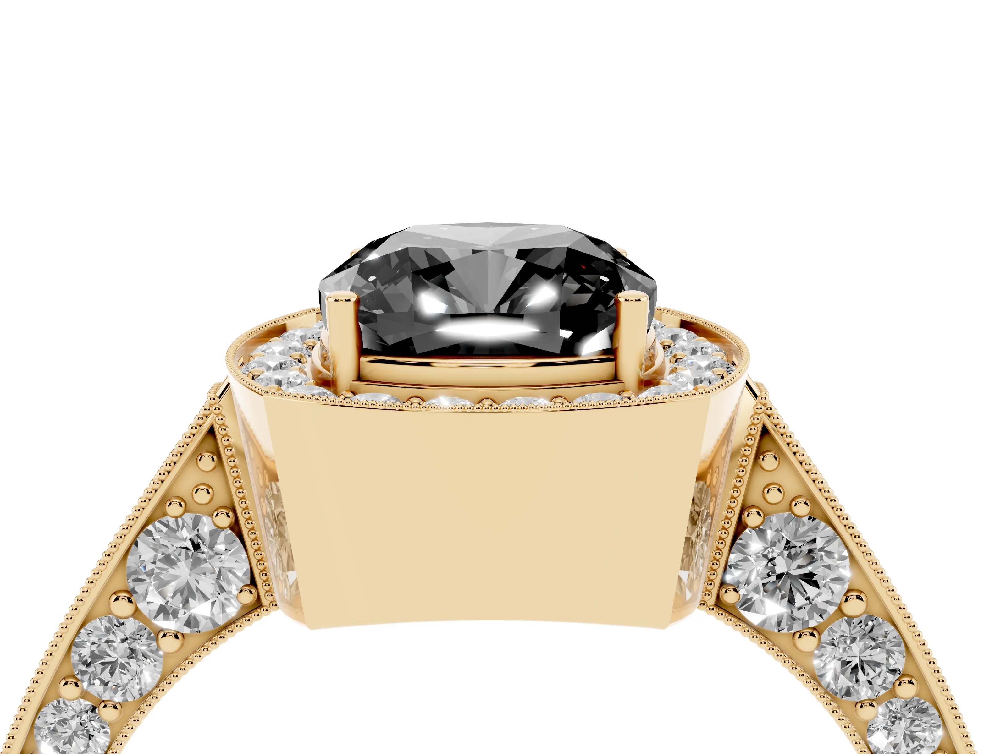 Fancy Black Cushion Cut Diamond Halo Engagement Ring Set in Yellow gold with Accent Split Shank Band