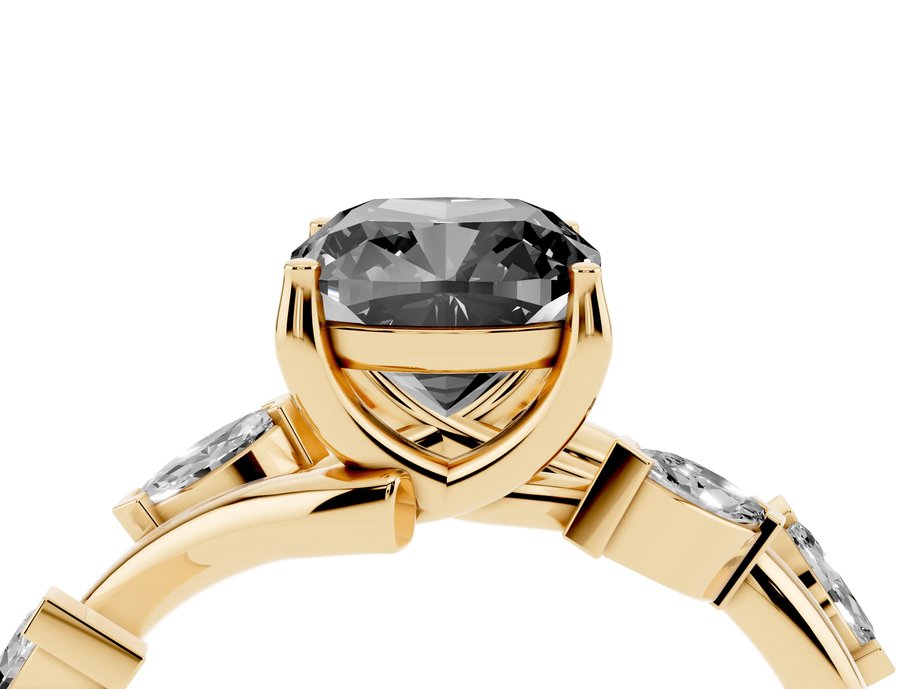 Fancy Black Cushion Cut Diamond Solitaire Ring Set in Yellow gold with Twisted Marquise Accent Band
