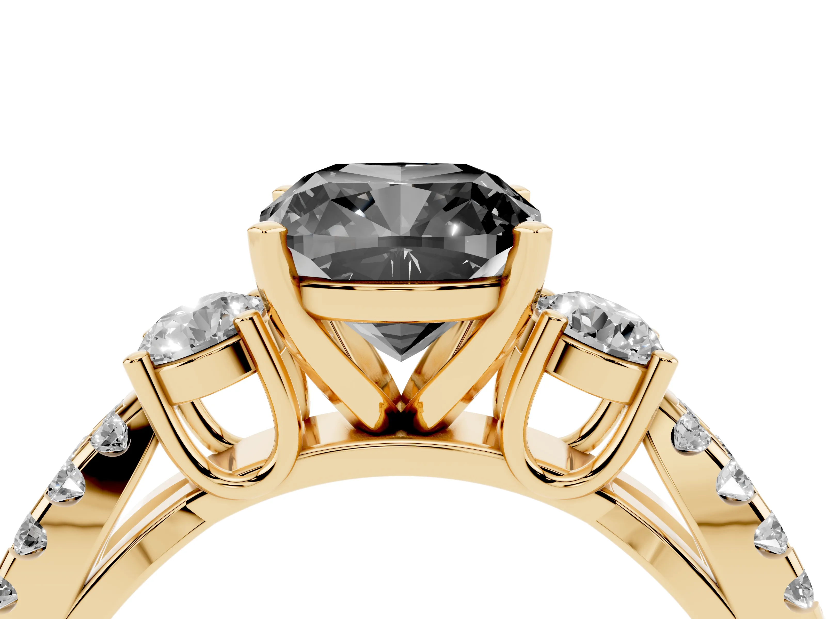 Fancy Black Cushion Cut Diamond Three-Stone Ring Set in Yellow gold with Pavé Split Shank and Prong Setting