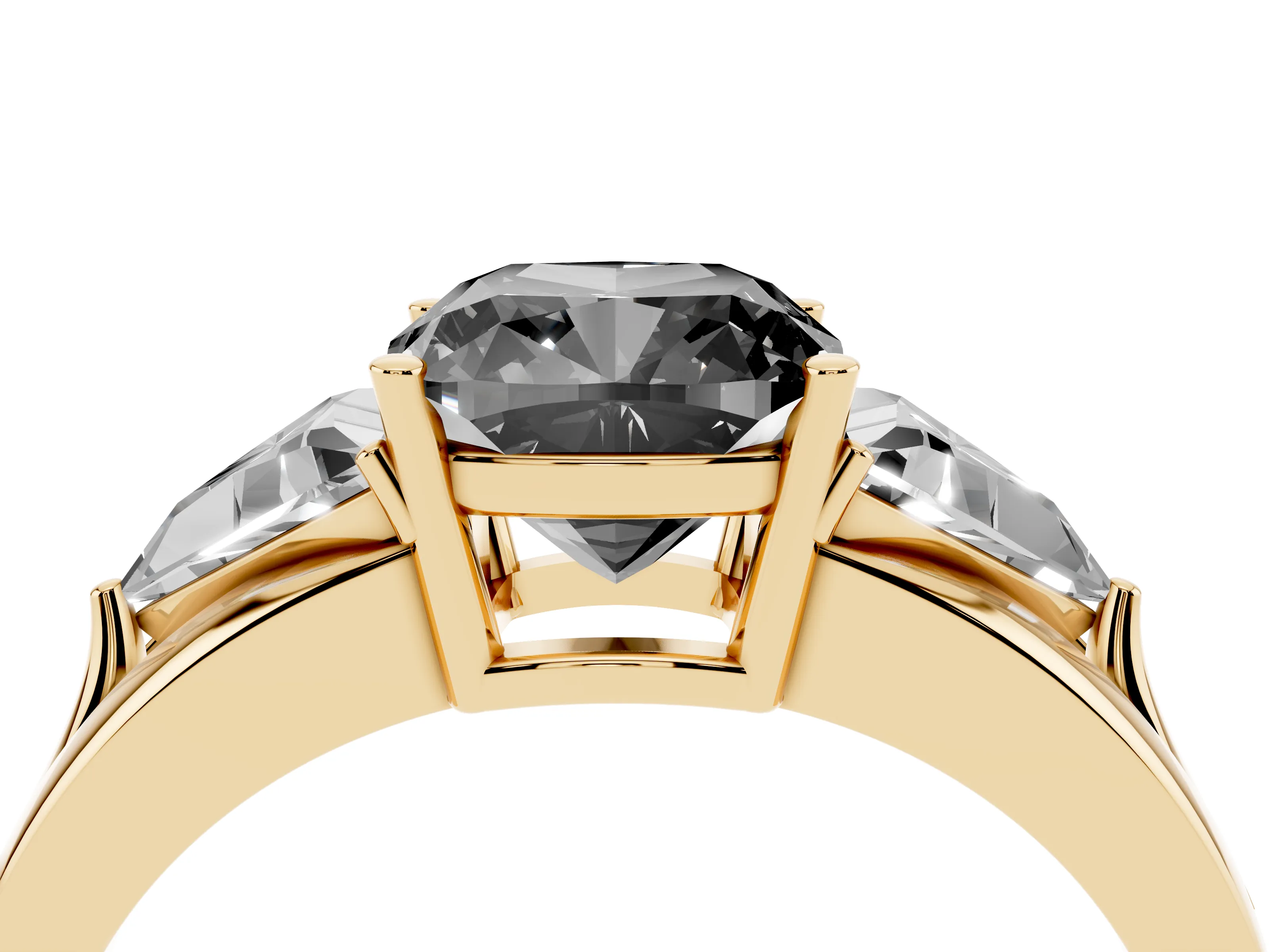 Fancy Black Cushion Cut Diamond Three-Stone Ring Set in Yellow gold with Trillion Side Stones and Split Shank
