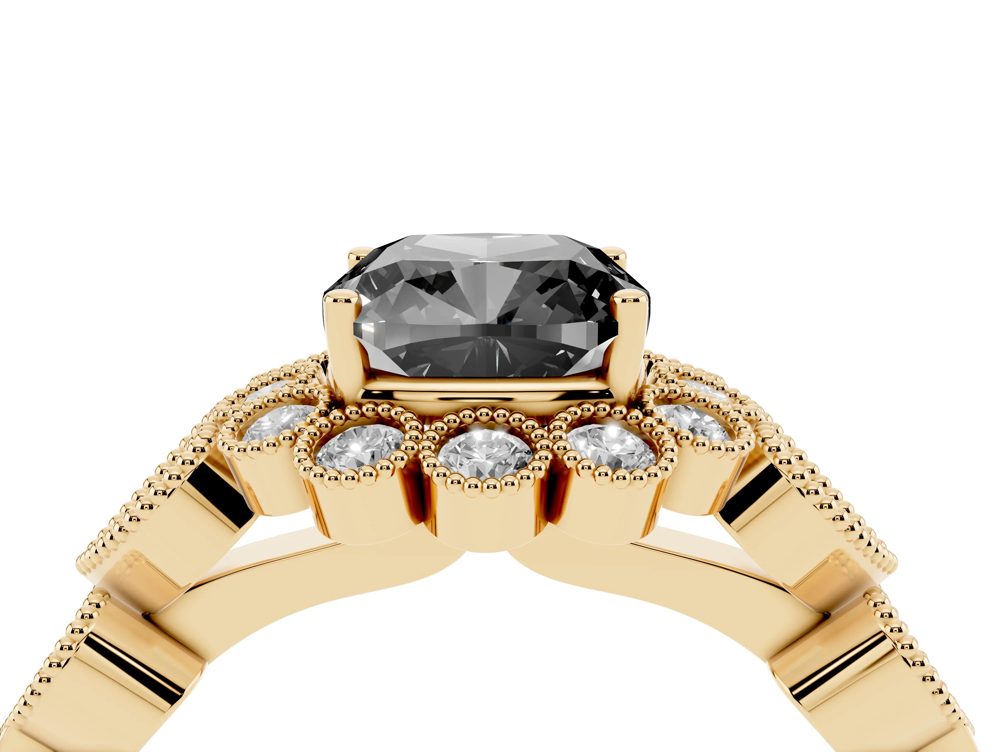 Fancy Black Cushion Cut Diamond Solitaire Ring Set in Yellow gold with Milgrain Pavé Heart Band