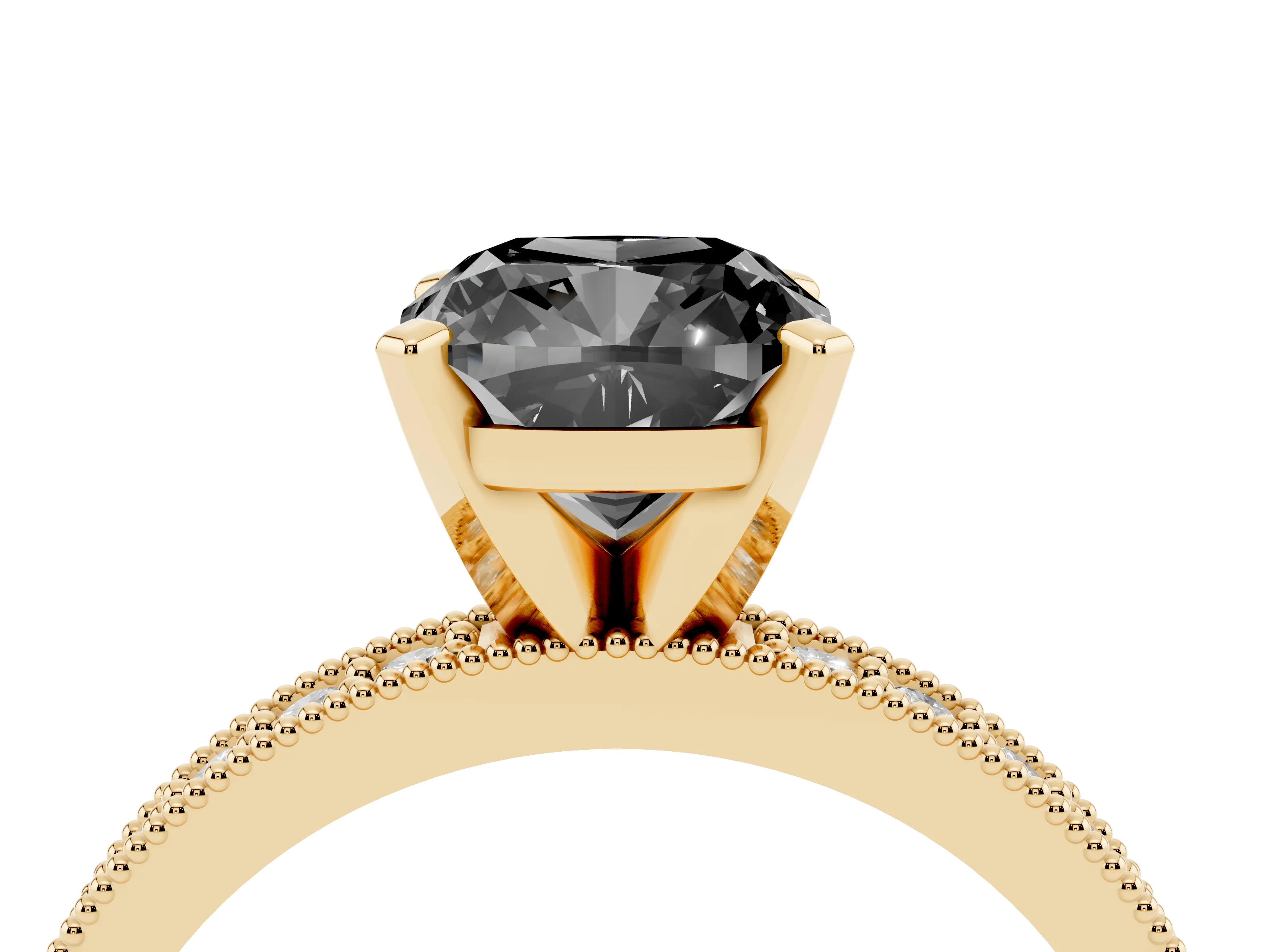 Fancy Black Cushion Cut Diamond Milgrain Pavé Engagement Ring Set in Yellow gold with Prong Setting