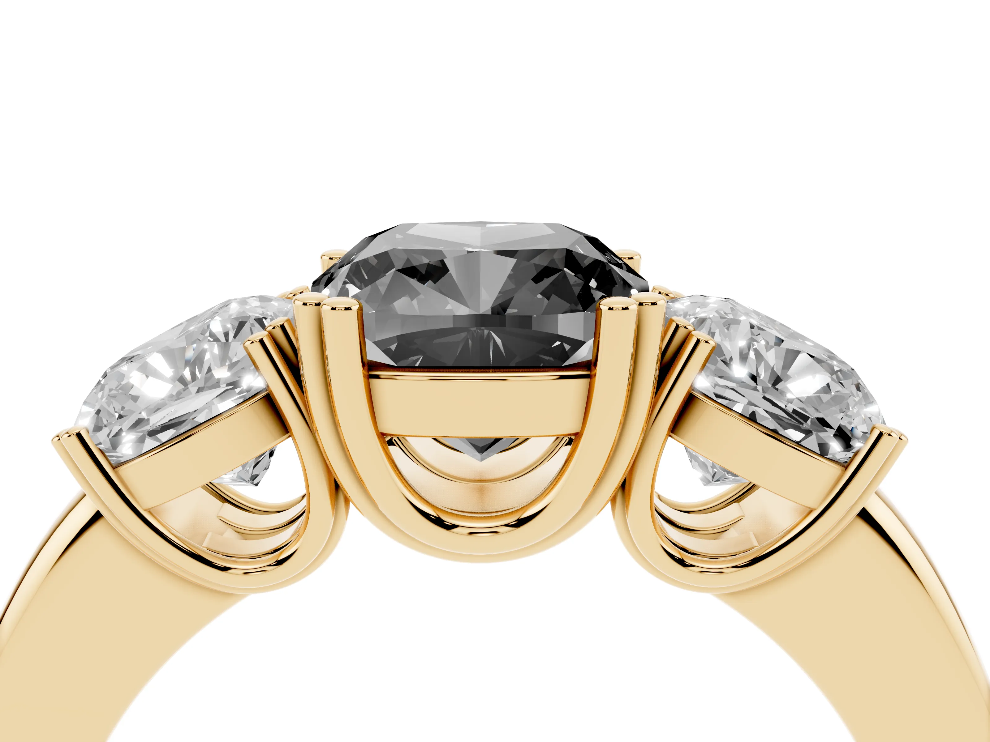 Fancy Black Cushion Cut Diamond Three-Stone Ring Set in Yellow gold with Polished Band and Prong Setting