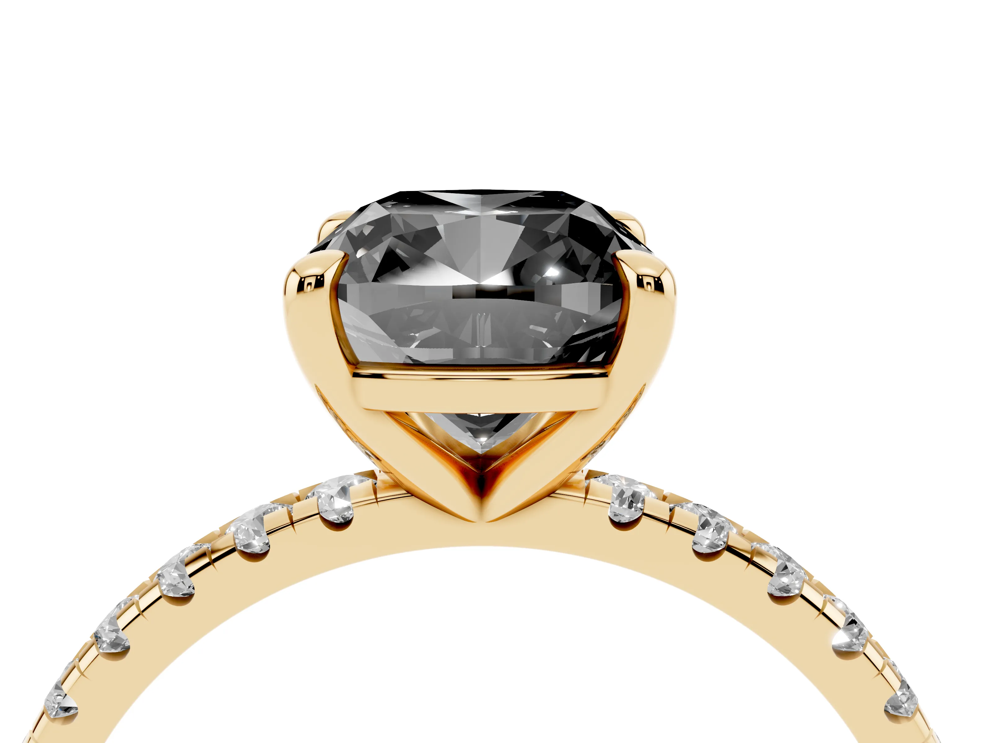 Fancy Black Cushion Cut Diamond Brilliant Solitaire Ring Set in Yellow gold with Pavé Band and Prong Setting