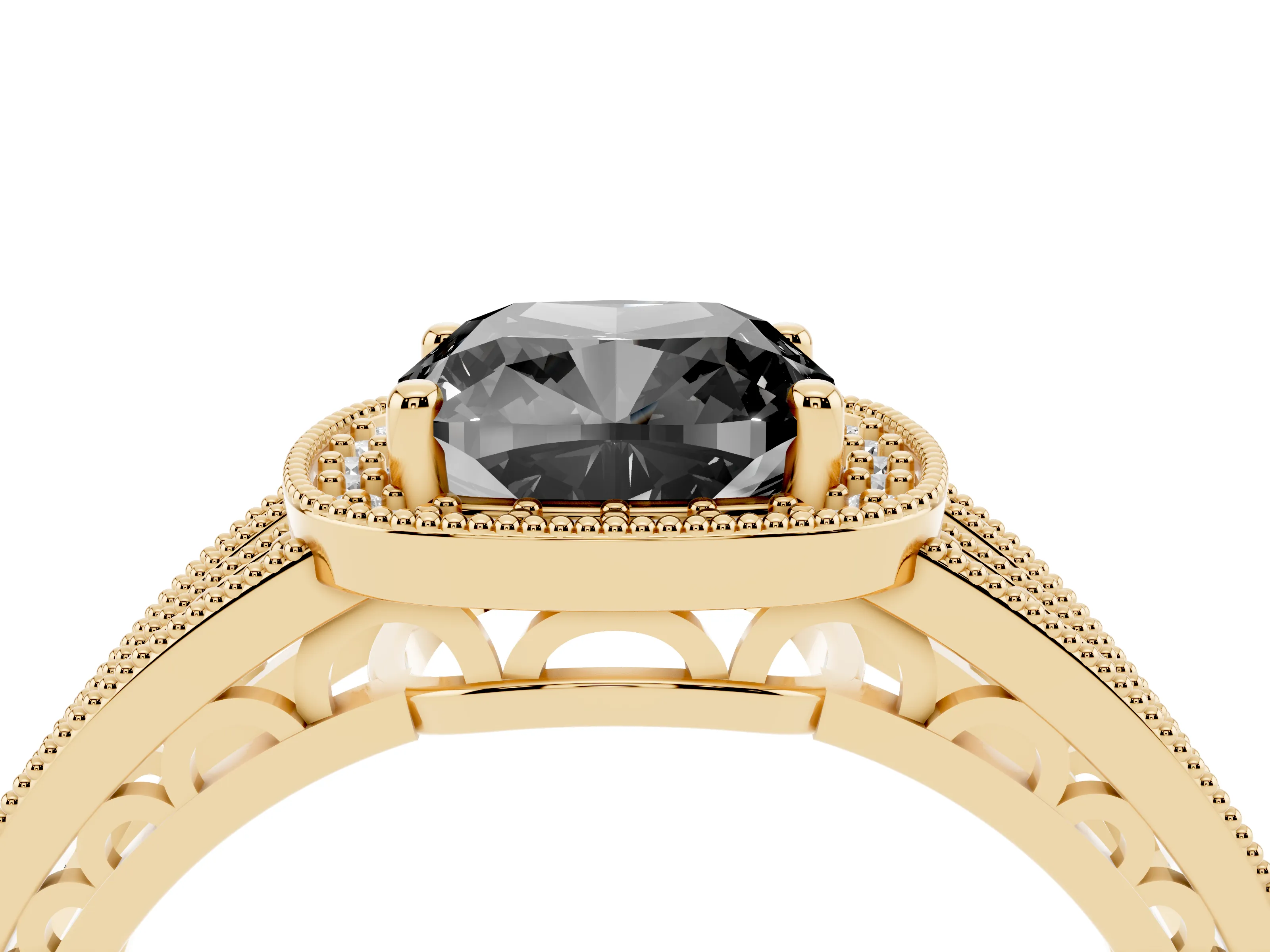 Fancy Black Cushion Cut Diamond Halo Ring Set in Yellow gold with Accent Split Shank and Prong Setting