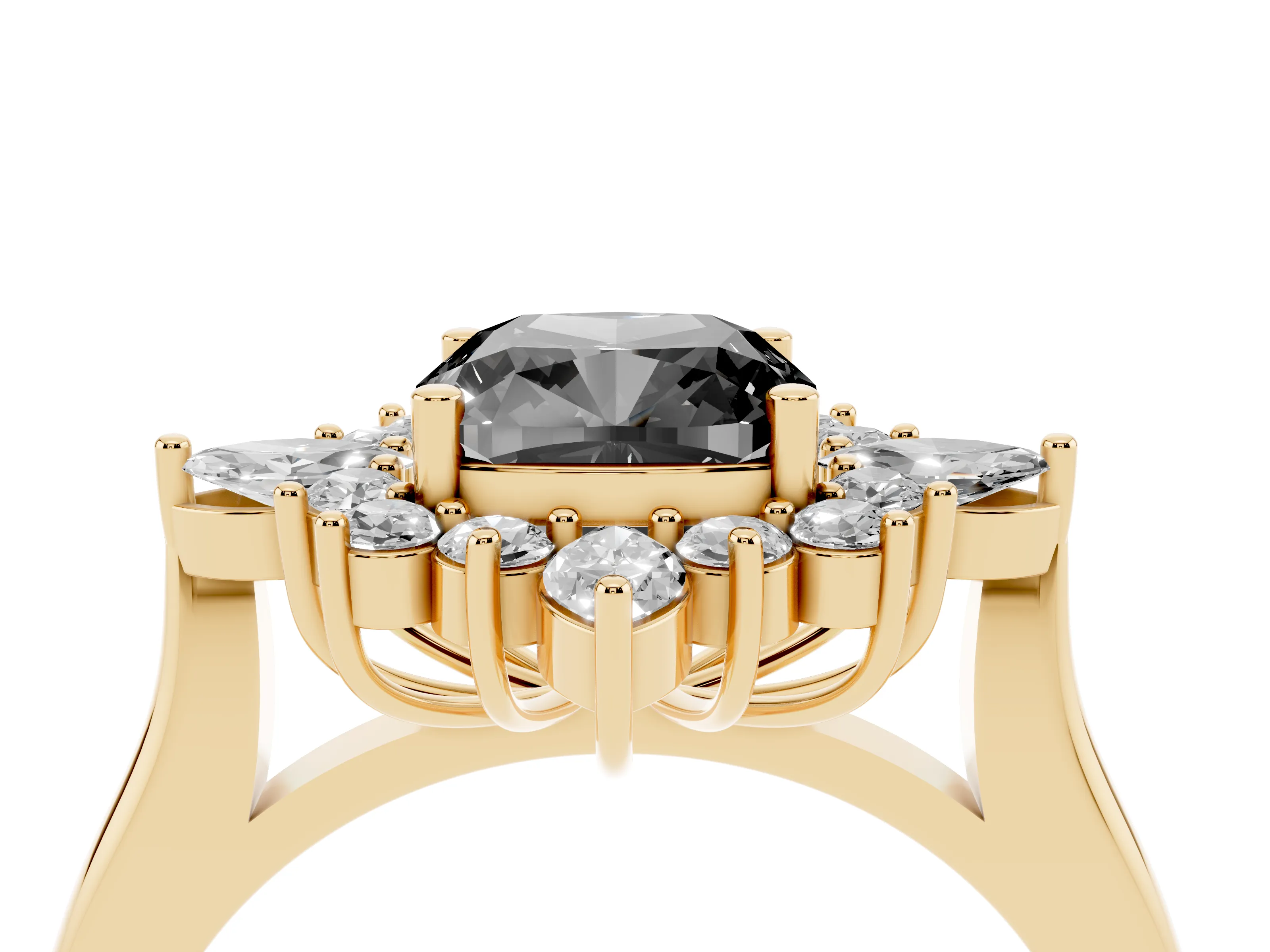 Fancy Black Cushion Cut Diamond Cluster Halo Ring Set in Yellow gold with Marquise and Round Accents