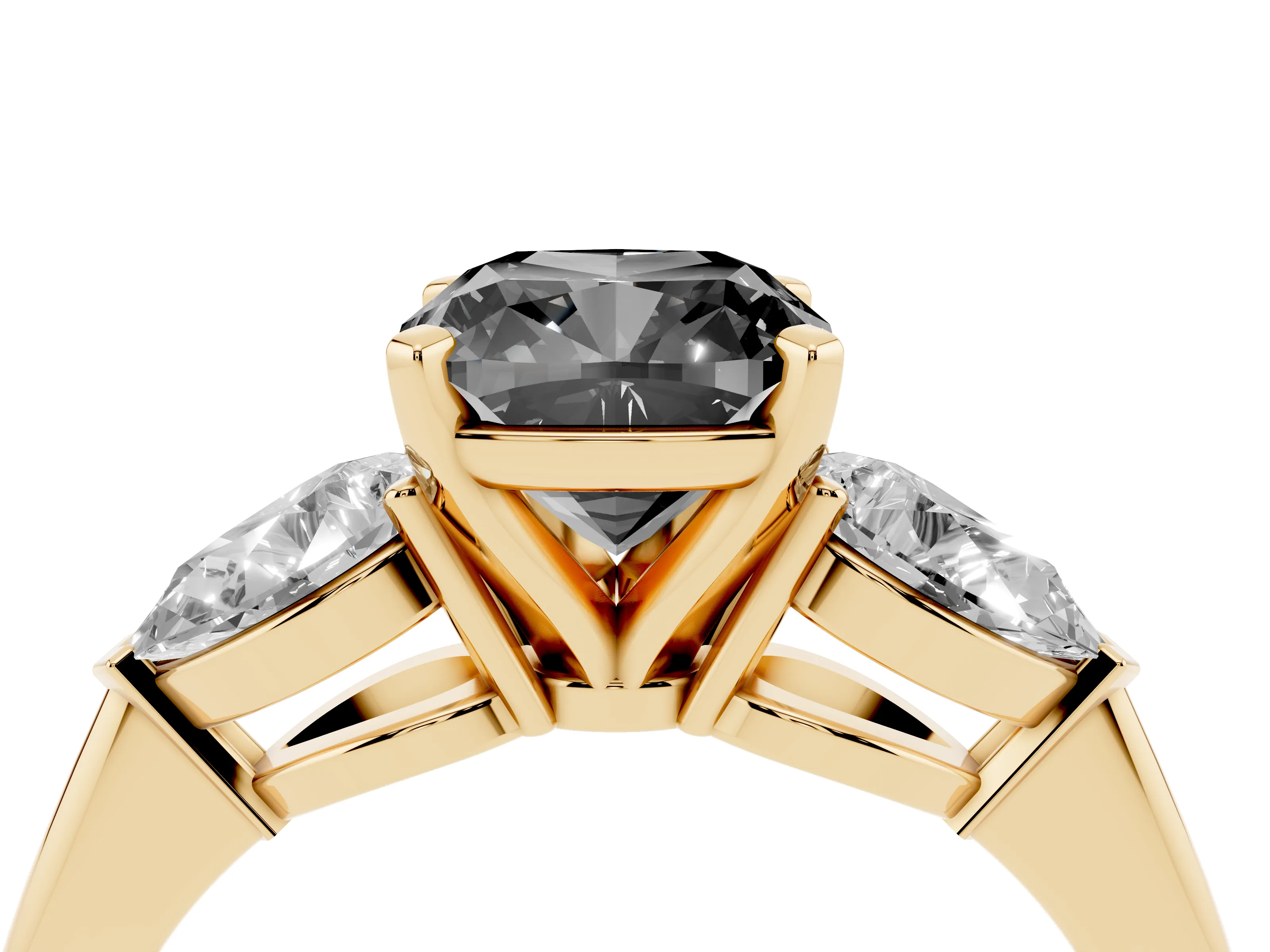 Fancy Black Three-Stone Cushion Cut Diamond Ring Set in Yellow gold with Pear Side Stones and Prong Setting