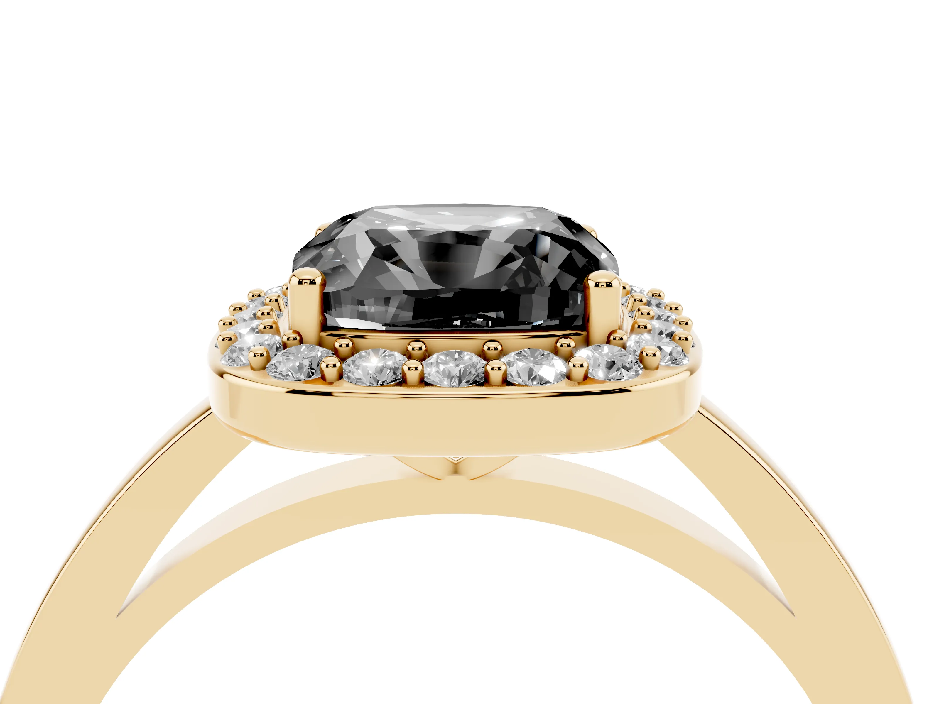 Fancy Black Cushion Cut Diamond Halo Ring Set in Yellow gold with Solitaire Band and Prong Setting