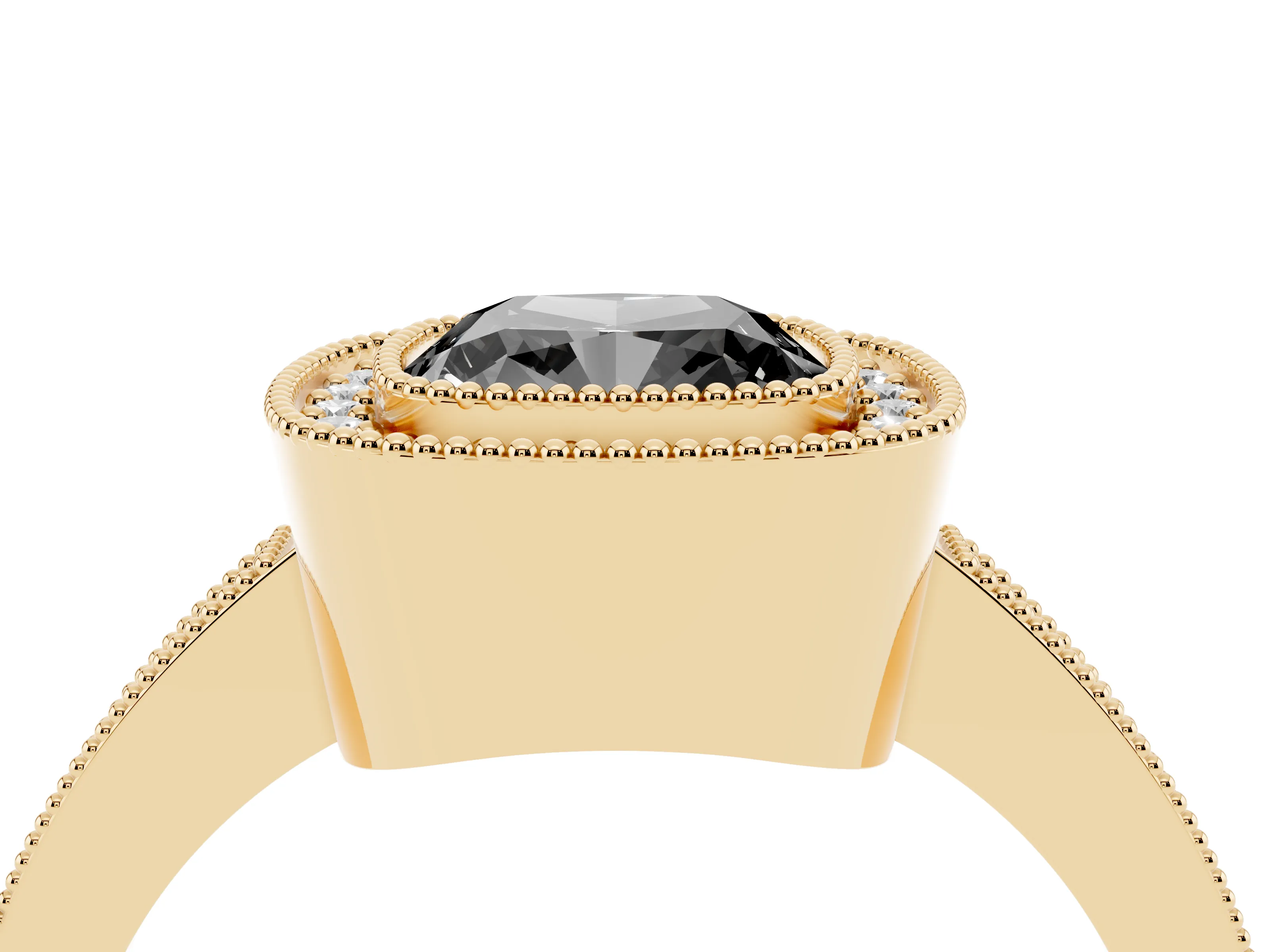 Fancy Black Cushion Cut Diamond Halo Engagement Ring Set in Yellow gold with Pavé Band and Round Halo Stones