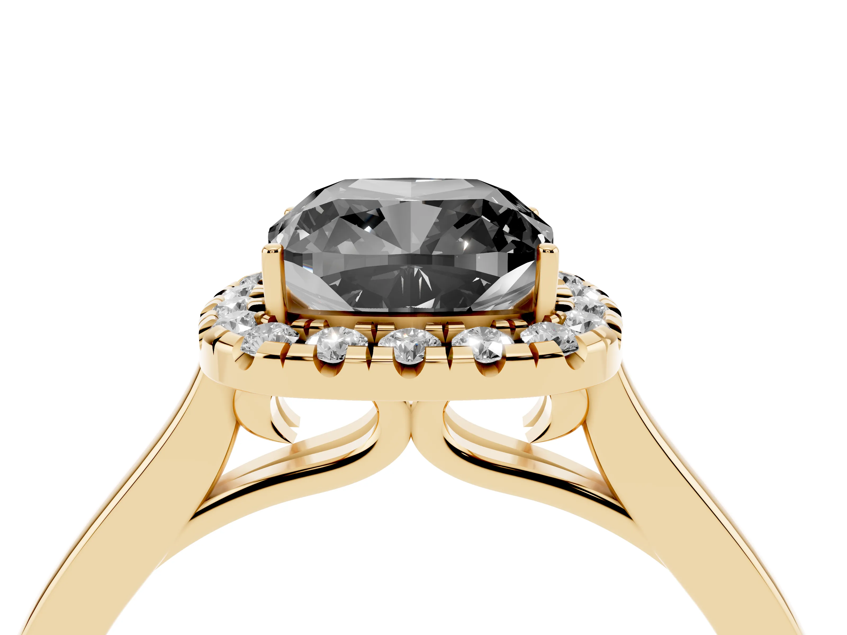 Fancy Black Cushion Cut Halo Round Diamond Solitaire Ring Set in Yellow gold with Pavé Band and Prong Setting
