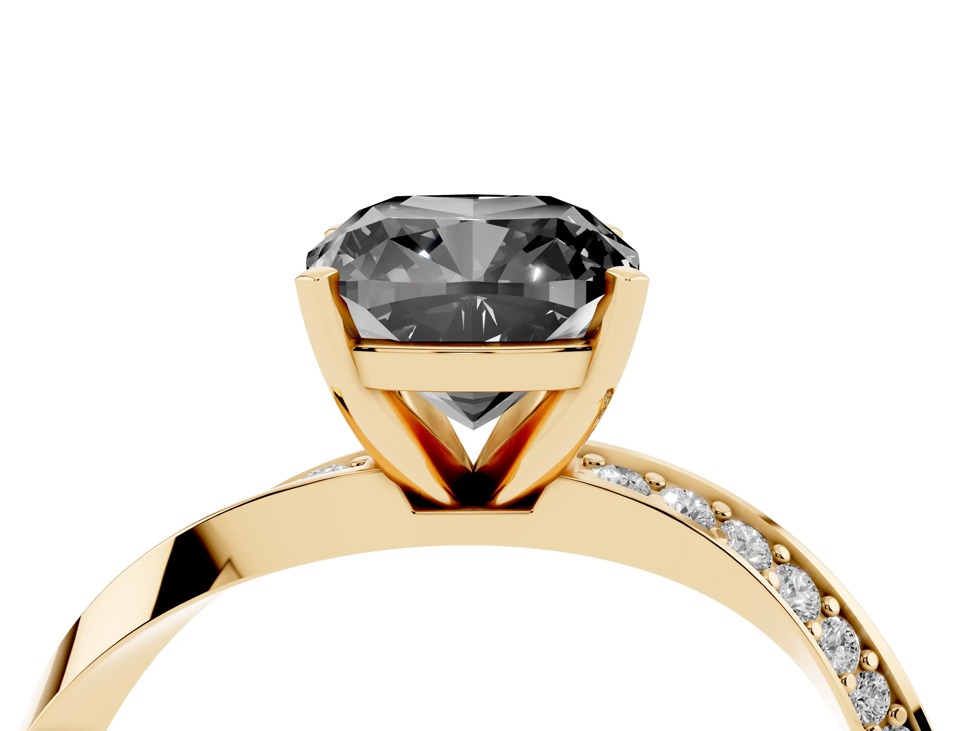Fancy Black Cushion Cut Diamond Engagement Ring Set in Yellow gold with Side Stone Accents and Prong Setting
