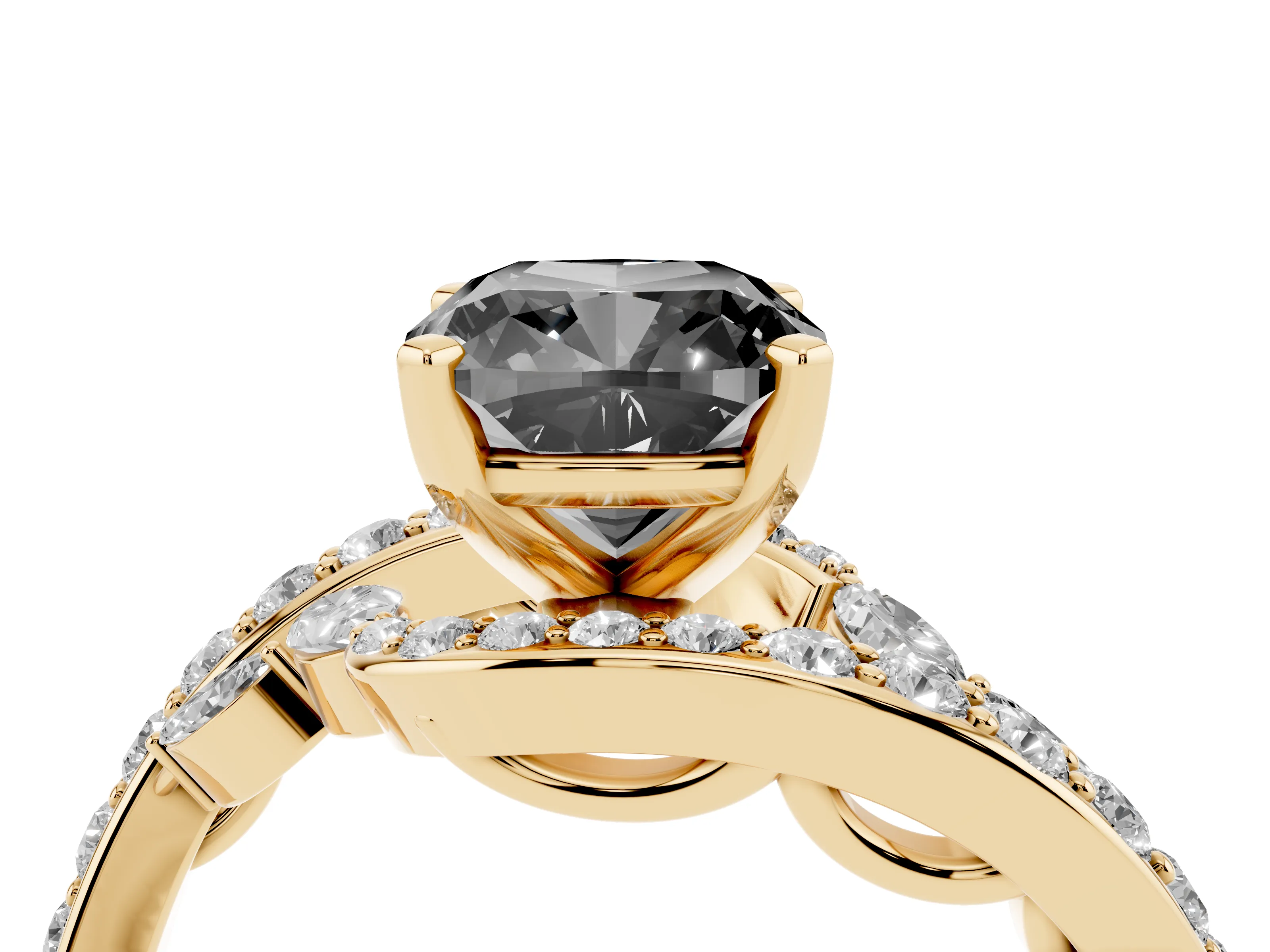 Fancy Black Cushion Cut Diamond Solitaire Ring Set in Yellow gold with Filigree Band and Prong Setting
