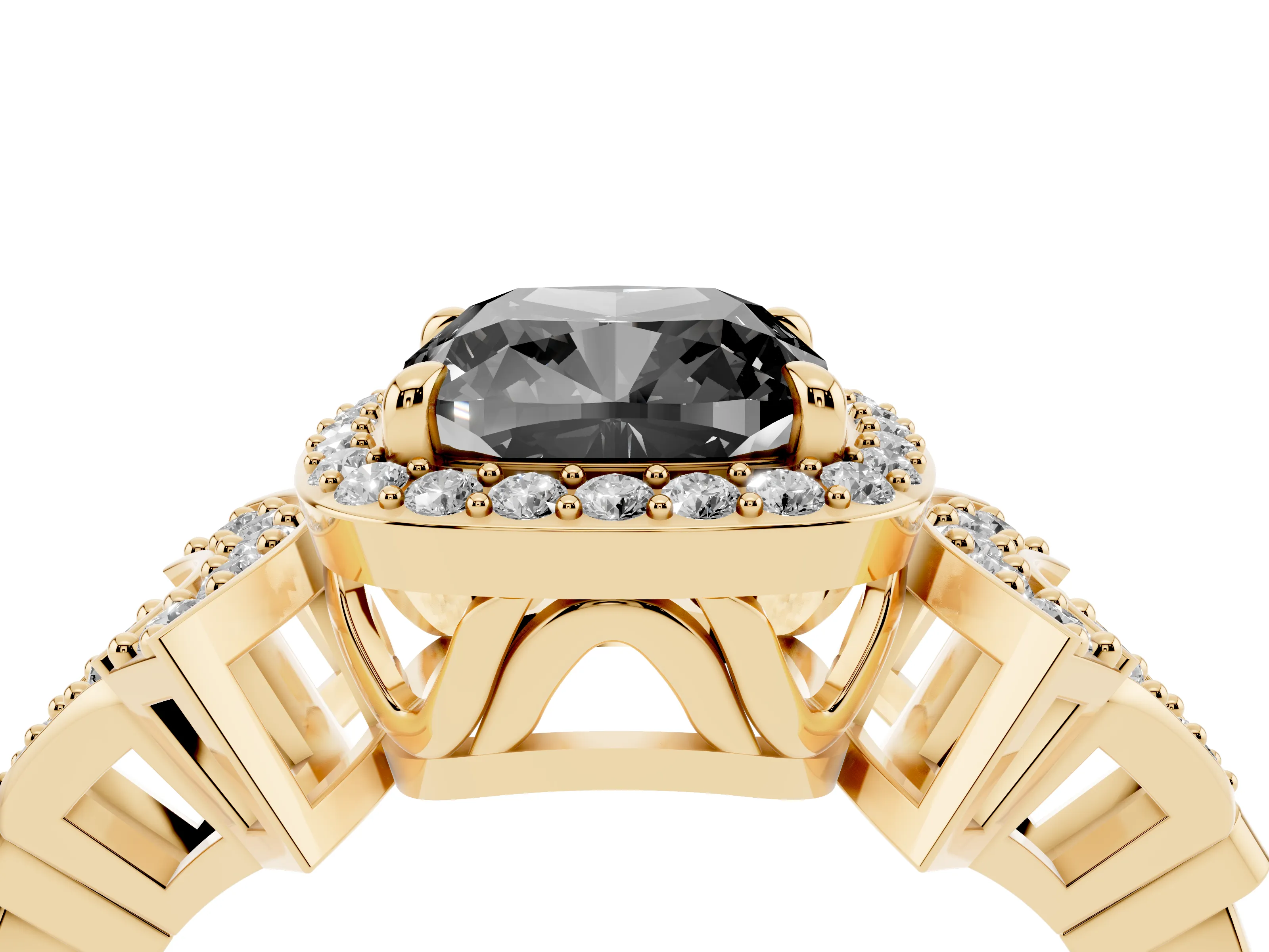 Fancy Black Cushion Cut Diamond Halo Engagement Ring Set in Yellow gold with Accent Stone Split Shank