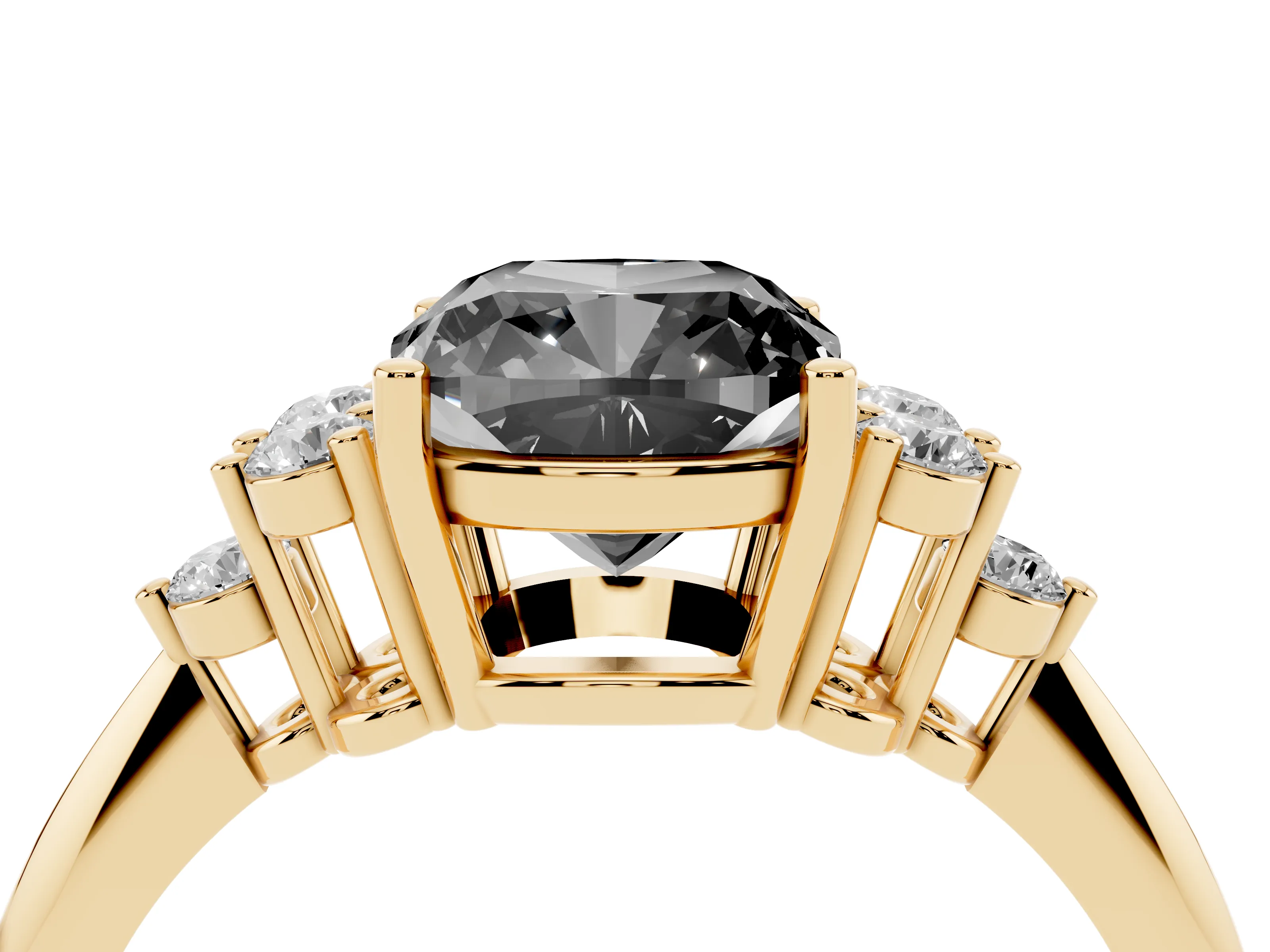 Fancy Black Cushion Cut Diamond Cluster Ring Set in Yellow gold with Plain Band and Prong Setting