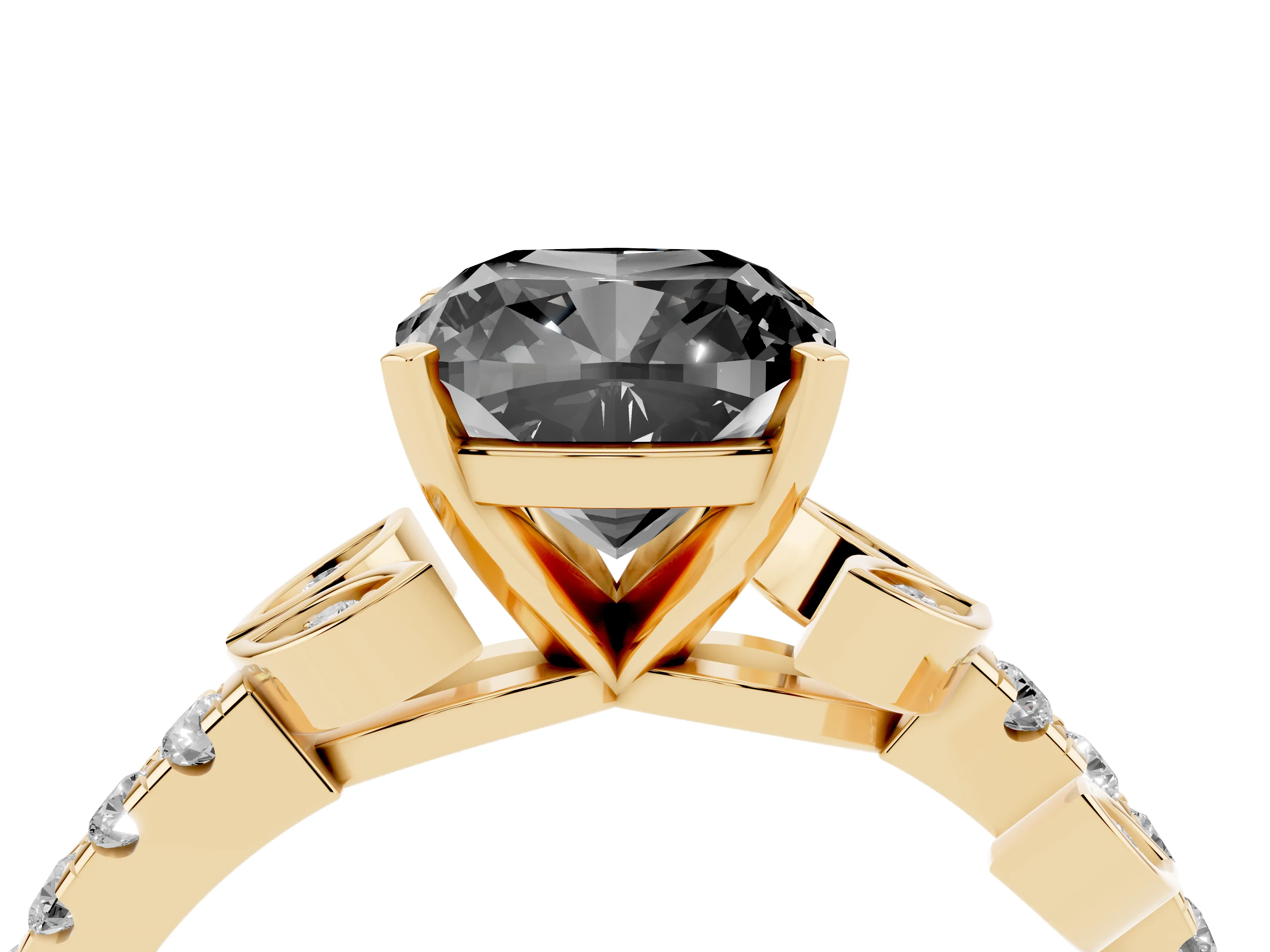 Fancy Black Cushion Cut Diamond Solitaire Leaf-Inspired Ring Set in Yellow gold with Pavé Band and Prong Setting