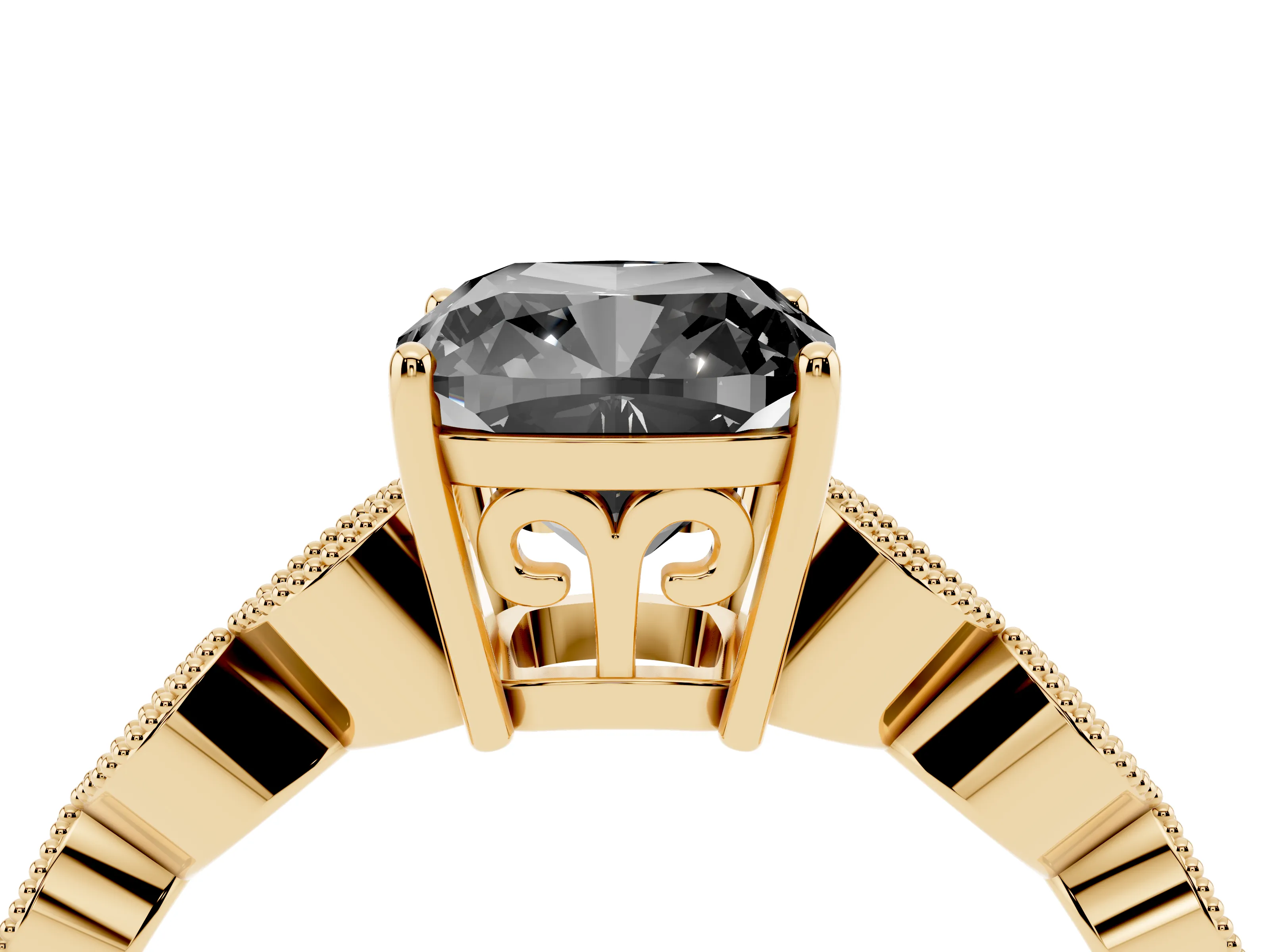Fancy Black Cushion Cut Diamond Solitaire Ring Set in Yellow gold with Infinity Twist Pavé Band