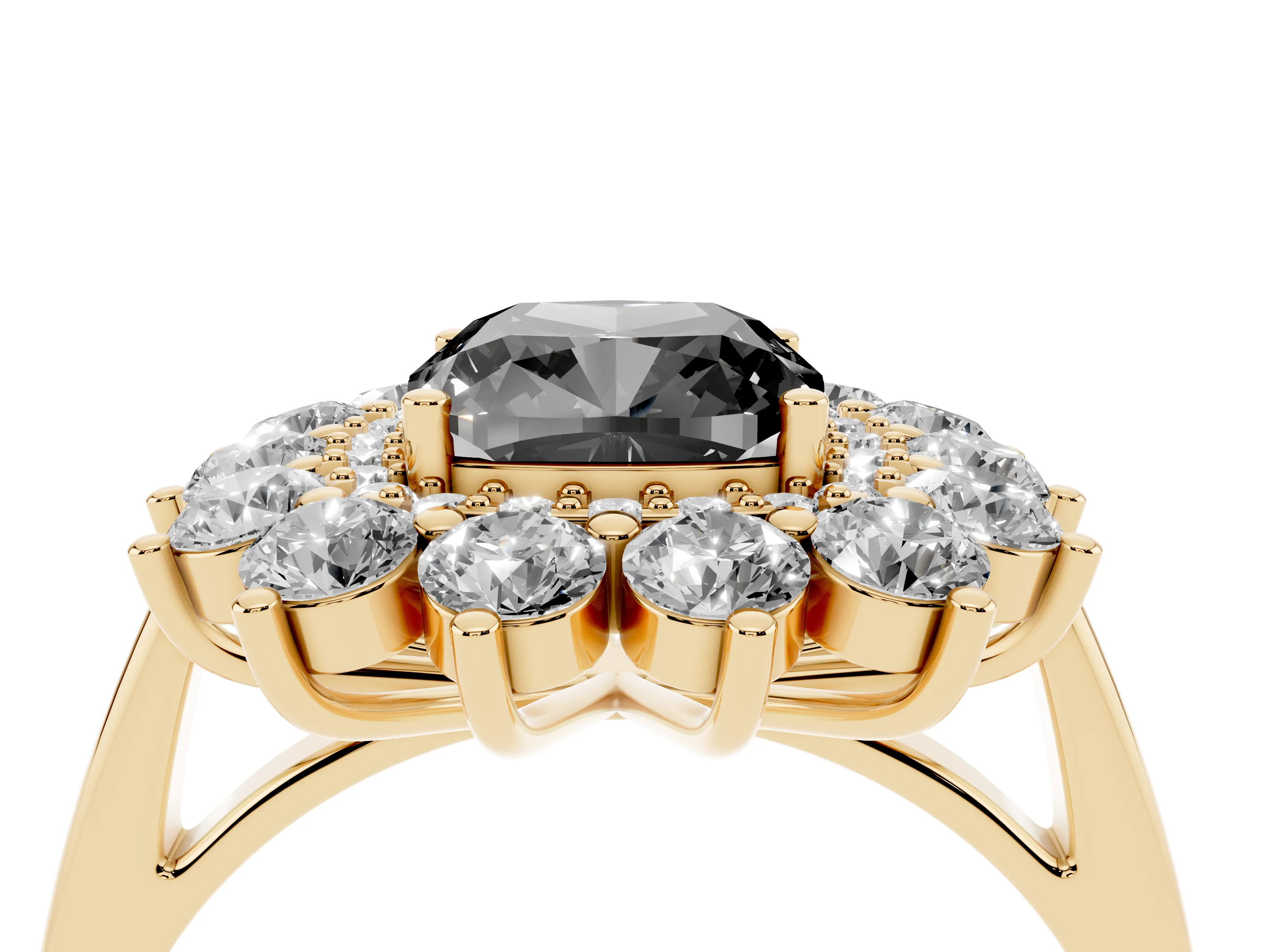 Fancy Black Cushion Cut Diamond Floral Double Halo Ring Set in Yellow gold with Round Petals